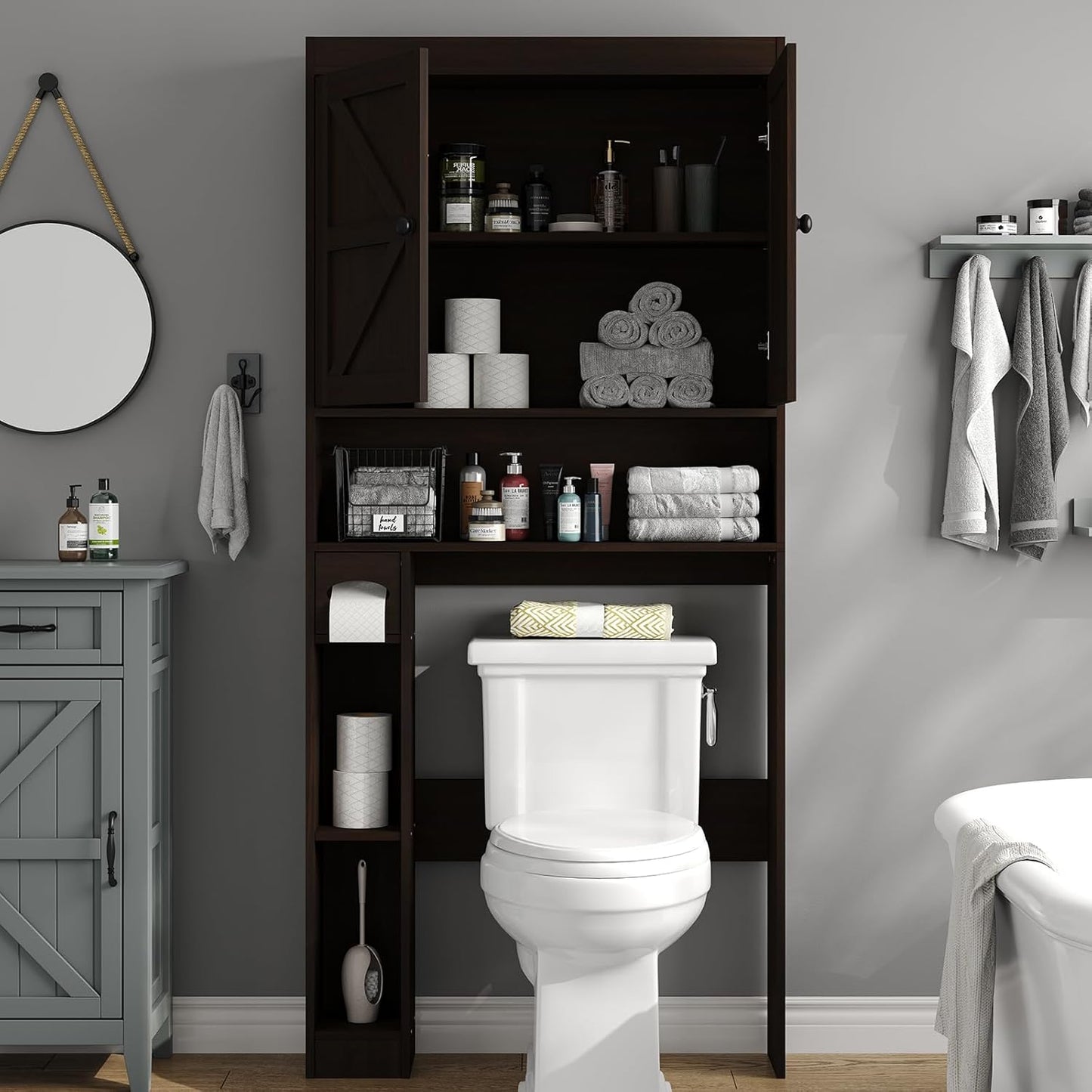 Furnideco 32.3''W Over The Toilet Storage Cabinet with Barn Doors, Over Toilet Shelf Farmhouse Storage Cabinet Space Saver with Toilet Paper Holder & Adjustable Bottom Bar, Espresso