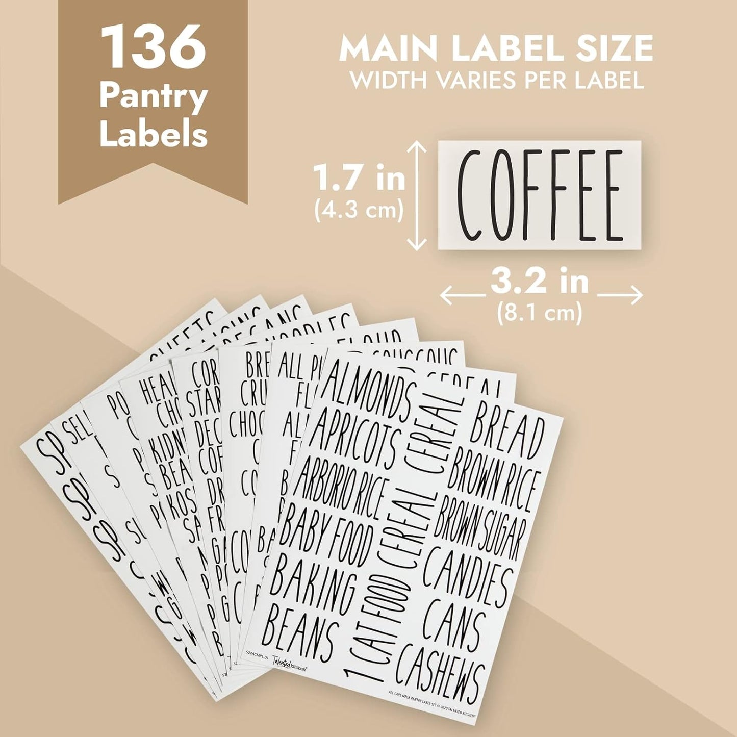 Talented Kitchen 136 Kitchen Sticker Labels for Food Containers - Varied Sizes, Black Text on Clear Background - Waterproof Labels for Jars & Storage