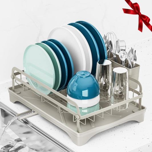 Dish Drying Rack Kitchen - Dish Racks for Kitchen Counter Space-Saving, Dish Drainer with Automatic Drain and Adjustable Spout, Dishwasher Rack with Cutlery Holder, Easy to Install, Grey