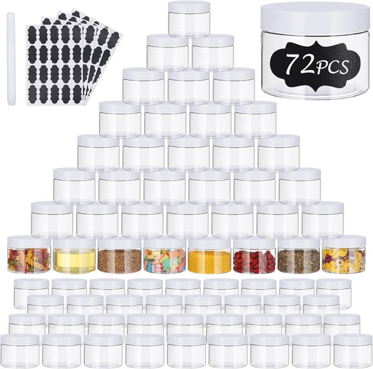 72 PCS 4 OZ Plastic Jars with Screw On Lids,Labels Refillable Empty Round Slime Containers for Storing Dry Food, Honey Jam, Cream, Butter, Lotion, White