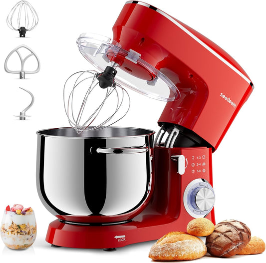 SEEDEEM Stand Mixer, 8.5 Qt 660W Tilt-Head Kitchen Mixer with 6+P Speeds, Dough Hook, Wire Whip & Beater, Dishwasher-Safe Attachments, Red – Ideal for Baking & Daily Use, Red