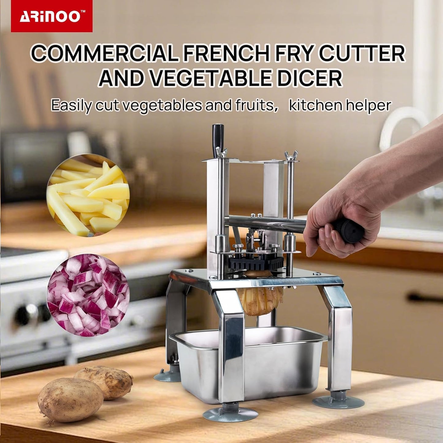 Commercial French Fry Cutter and Vegetable Fruit Dicer with 4 Stainless Steel Blades, Includes 3/8", 1/2", 1/4", and 8-Wedge Blades, Heavy Duty Potato Slicer for Home and Restaurant Use