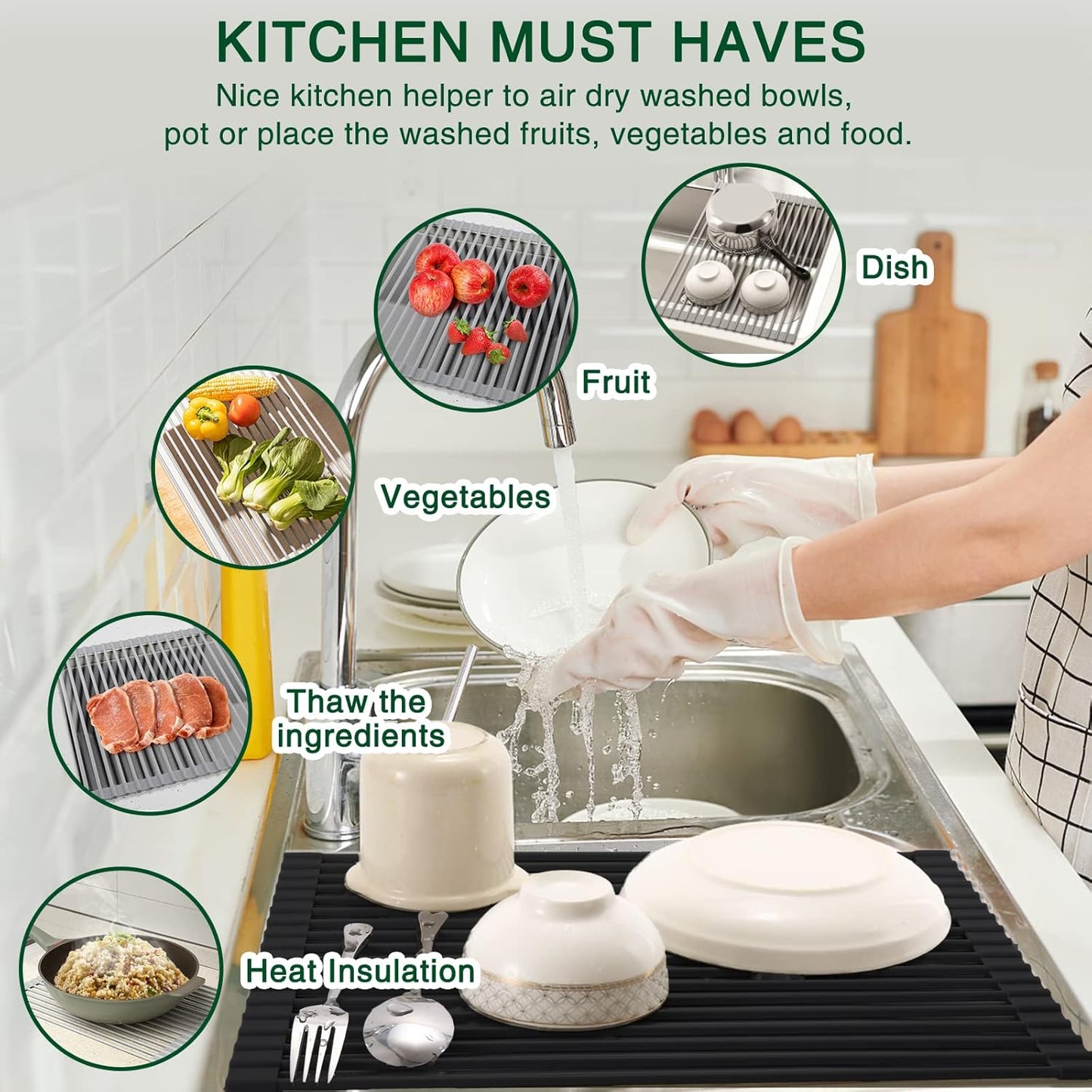 Roll Up Dish Drying Rack Over The Sink Kitchen Roll Up Sink Drying Rack Multipurpose Foldable Sink Drying Mat, Heat-Resistant, Anti-Slip & Anti-Rust Dish Rack for Kitchen, 17" x 13", Black