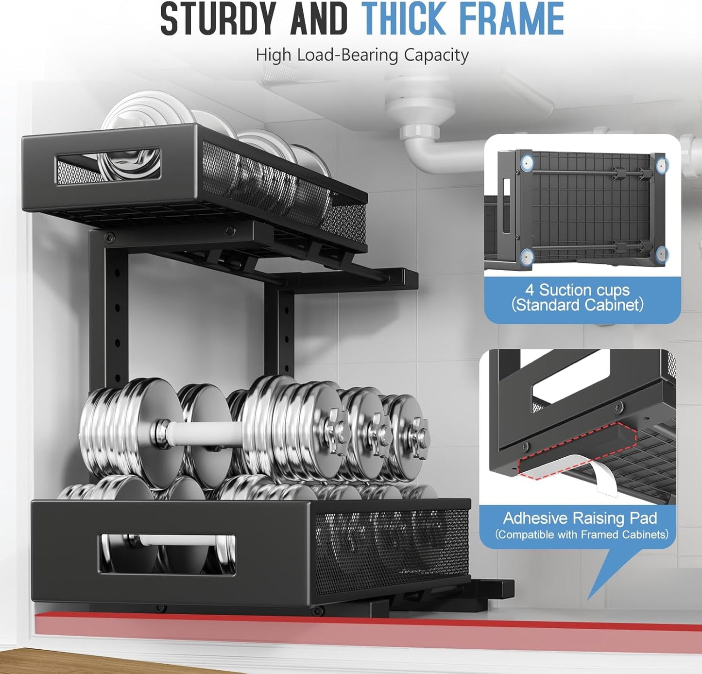 1 Pack-11.4"-16.14"H Under Sink Storage Organizer, Large 2-Tier Elegant Mesh Pull Out Shelf for Kitchen and Bathroom Cabinet Organization, L-Shaped and Adjustable Height Design for Maximum Space-Black