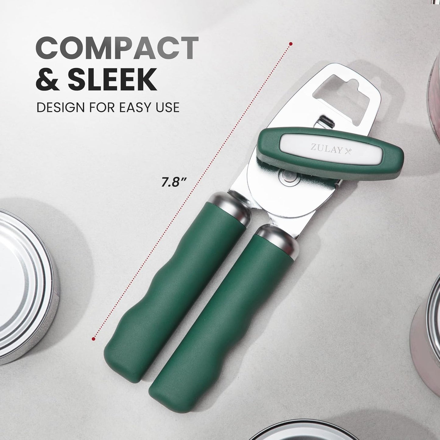 Zulay Kitchen Heavy Duty Stainless Steel Can Opener Manual with Bottle Opener - Rust Proof Manual Can Opener With Turn Knob & Comfy Soft Grip Handles - Pine Green