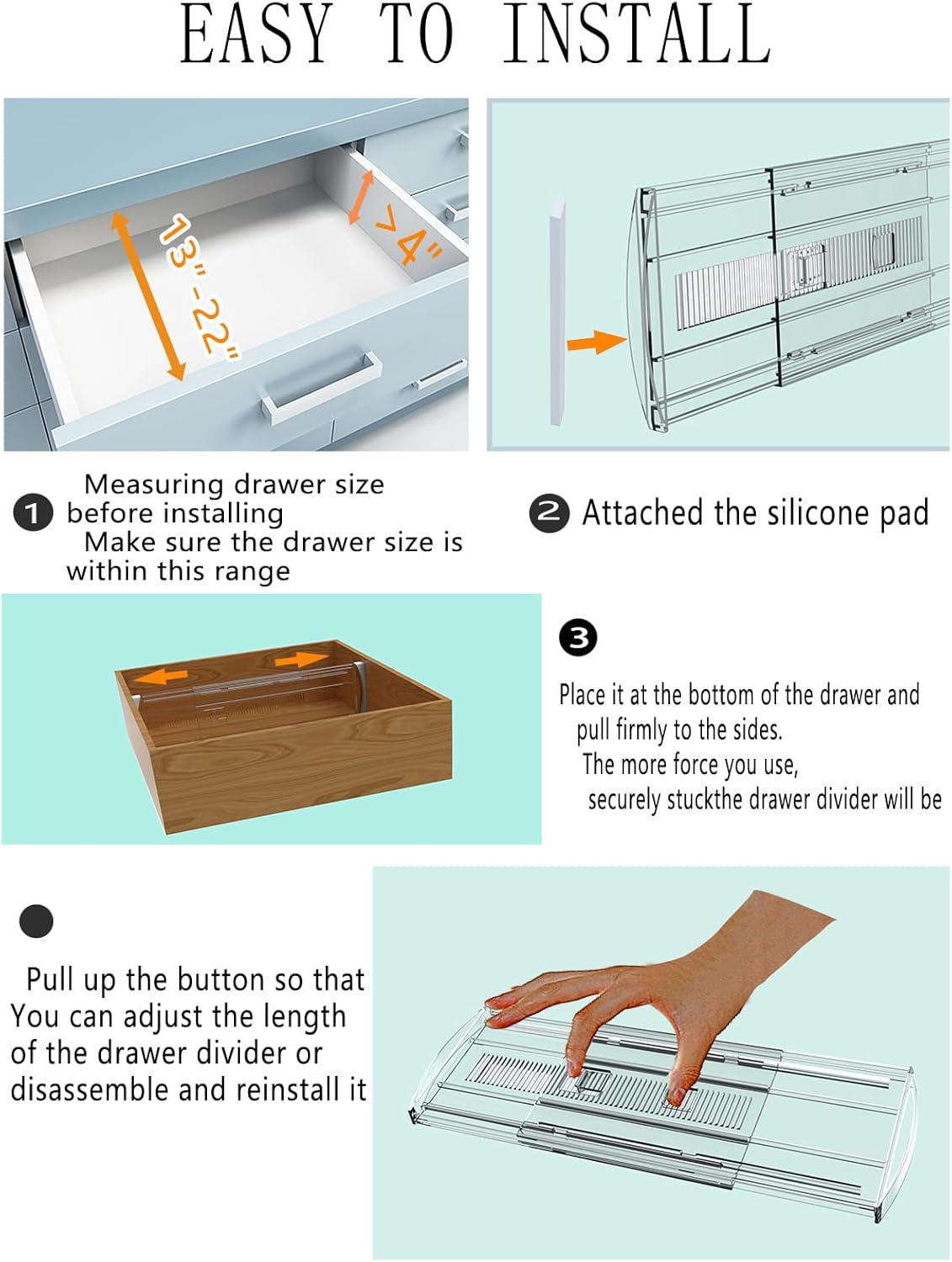 6 Pack Adjustable Drawer Dividers for Clothes,4" High Expandable From 13-22" Clear Drawer Organizers, PC Plastic Separators for Dresser/Bedroom/Bathroom/Kitchen/Office Storage