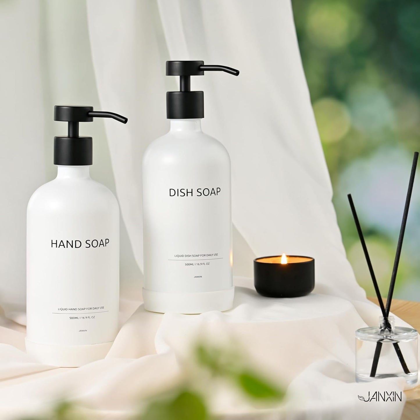 Glass Soap Dispenser Set with Ceramic Tray, 16.9 floz Hand and Dish Soap Dispenser for Bathroom Decor, White and Black Kitchen Accessories (White Bottles + Black Pumps)