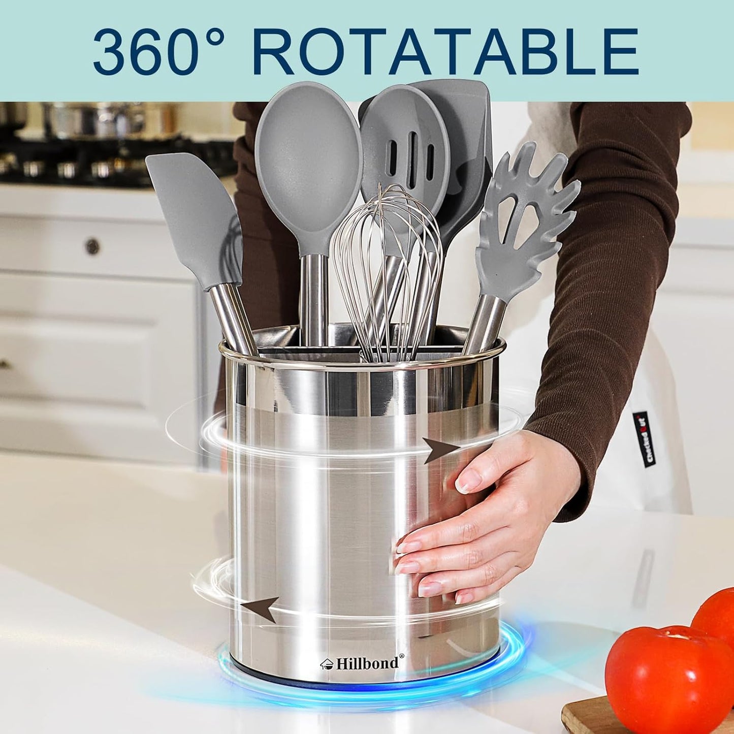 Hillbond Stainless Steel Utensil Holder for Kitchen Counter with Removable Divider, 6.9x7.5 inch Metal Utensil Holder for Countertop, 360° Rotating Spatula Crock for Cooking (EXTRA LARGE)