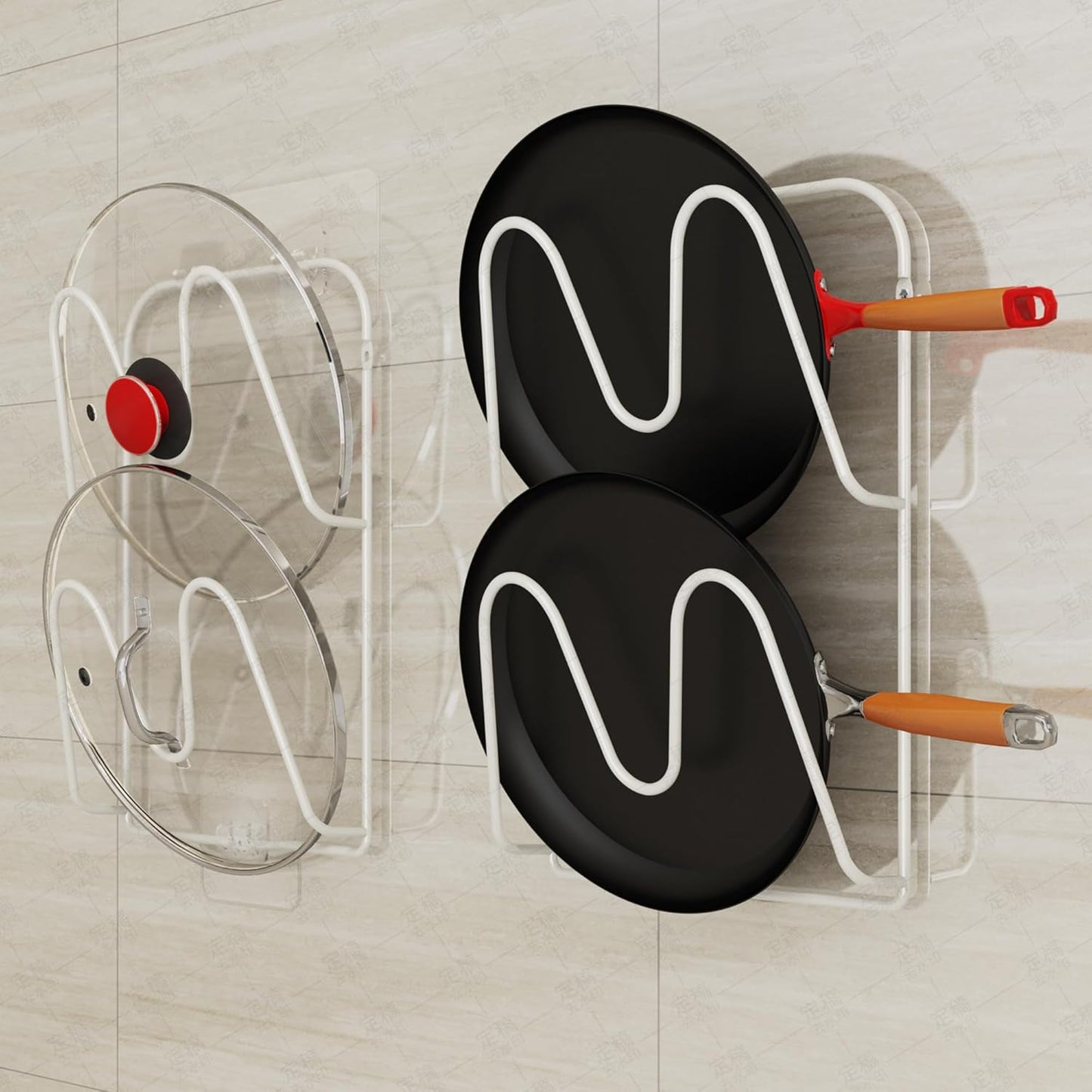 2 Pack Pot-Lid-Holder, 4-Tier Pot-Lid-Organizer for Cabinet Door/Wall, No Drilling Adhesive Wall/Door Mounted Rustproof Pot-Lid-Rackr for Kitchen Organizers