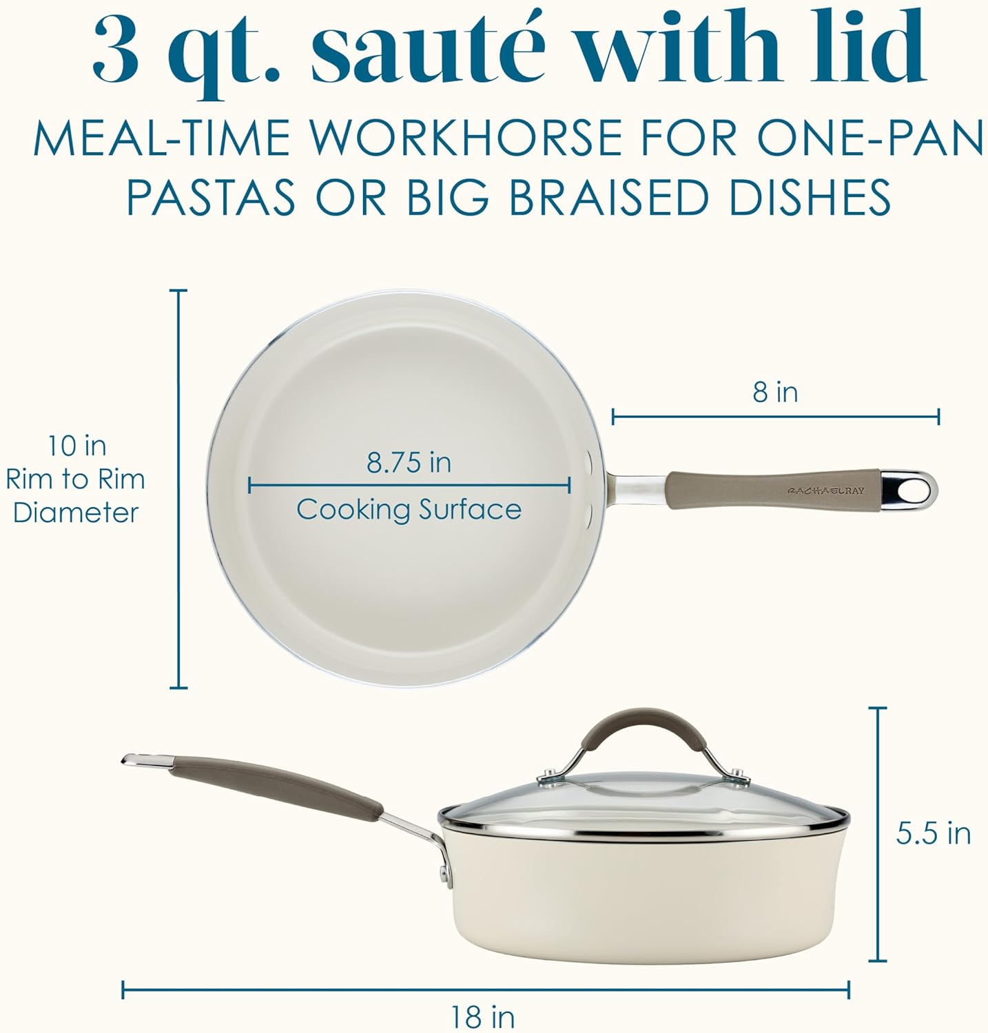 Rachael Ray Cucina Ceramic Nonstick Saute Pan with Lid, 3 Quart Non Stick Sauteuse Pan, Dishwasher Safe - Almond