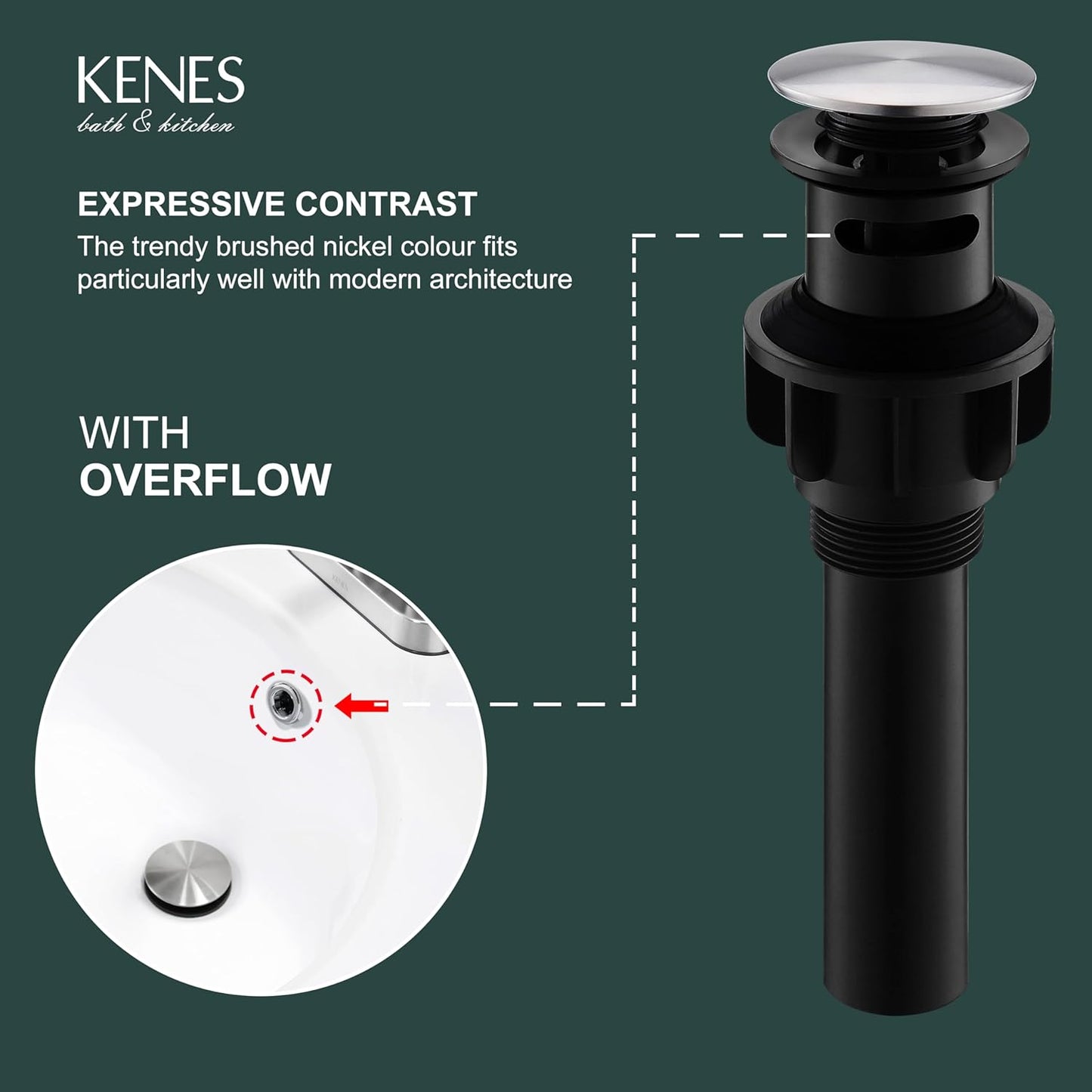 KENES Bathroom Sink Drain Stopper Pop up Sink Drain with Overflow, Brushed Nickel Lavatory Bathroom Vanity Sink Drain Assembly, Built-in Anti-Clogging Strainer