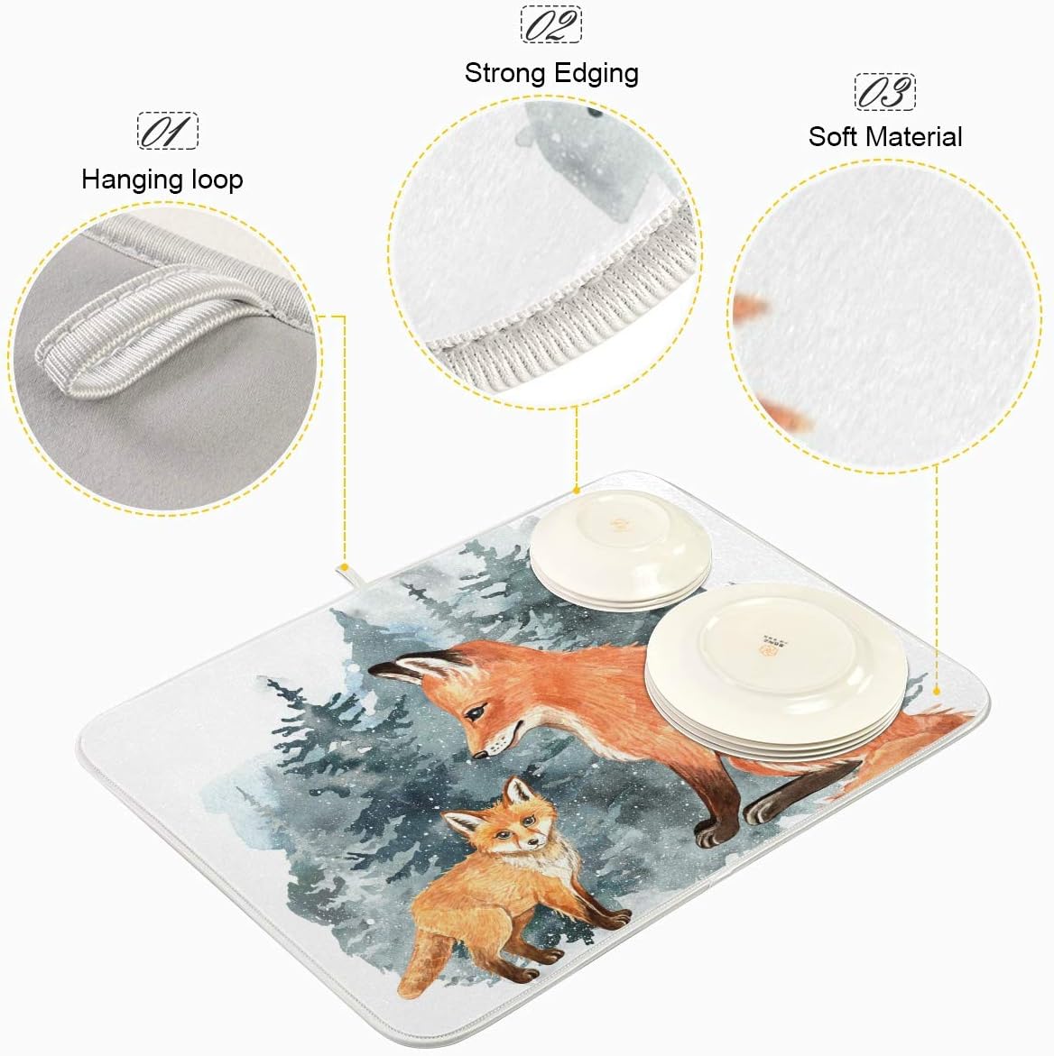 Super Absorbent Dish Drying Mat, Microfiber Fast-Drying Dish Mat, 24" x 18", Kitchen Dish Drying Pad, Watercolor Cute Fox Winter Christmas