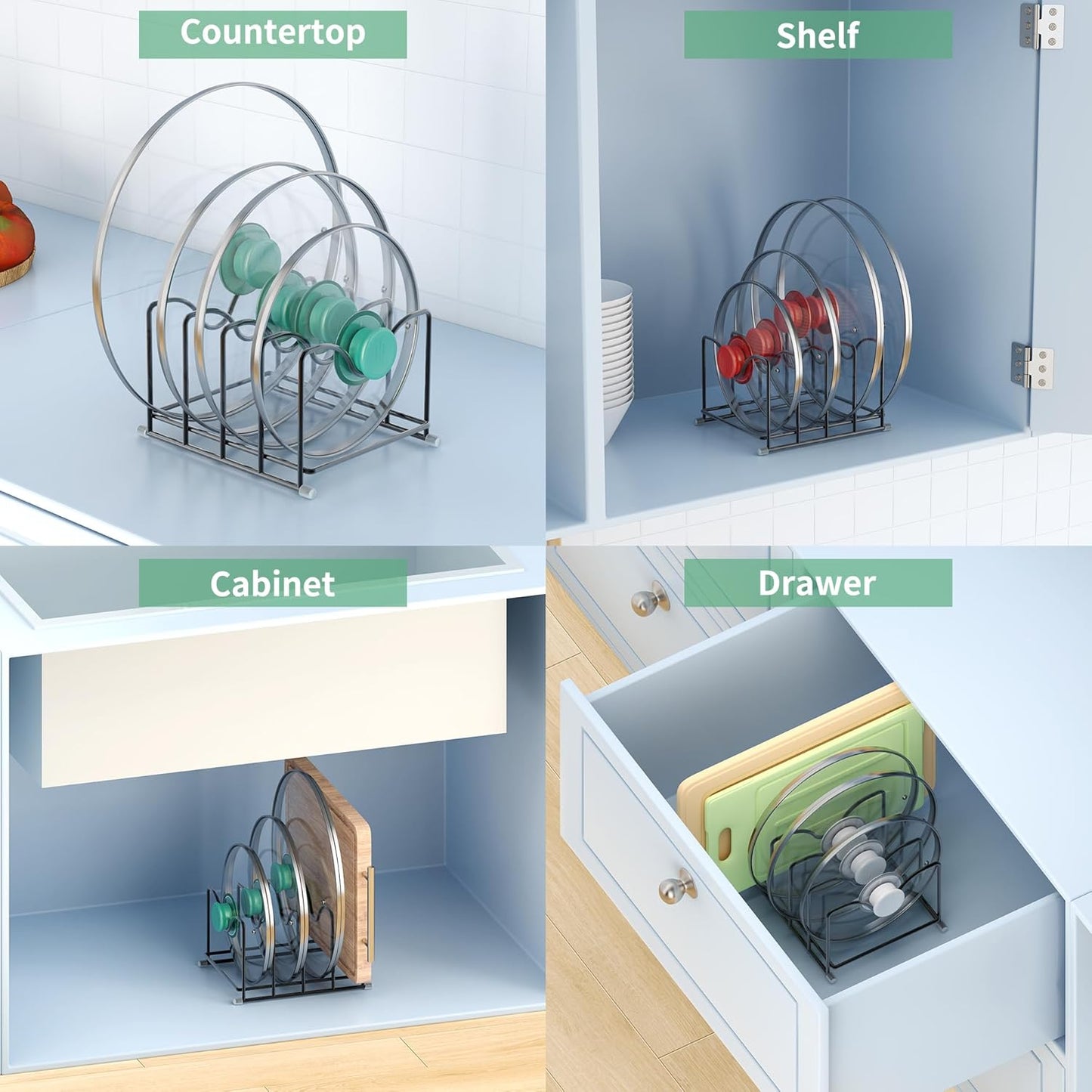 Pot Lid Organizer Rack,1.6in Wide Cutting Board Organizer for Pan Lids,Baking Sheets,Cookie Sheets, with 4 Slots,Cutting Board Holder Rack(1PC-Medium)