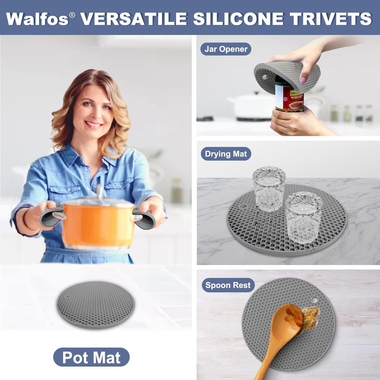 Walfos Silicone Trivet Mats - 4 Heat Resistant Pot Holders, Multipurpose Non-Slip Hot Pads for Kitchen Potholders, Hot Dishers, Jar Opener, Spoon Holder, Food Grade Silicone & BPA Free (Round)