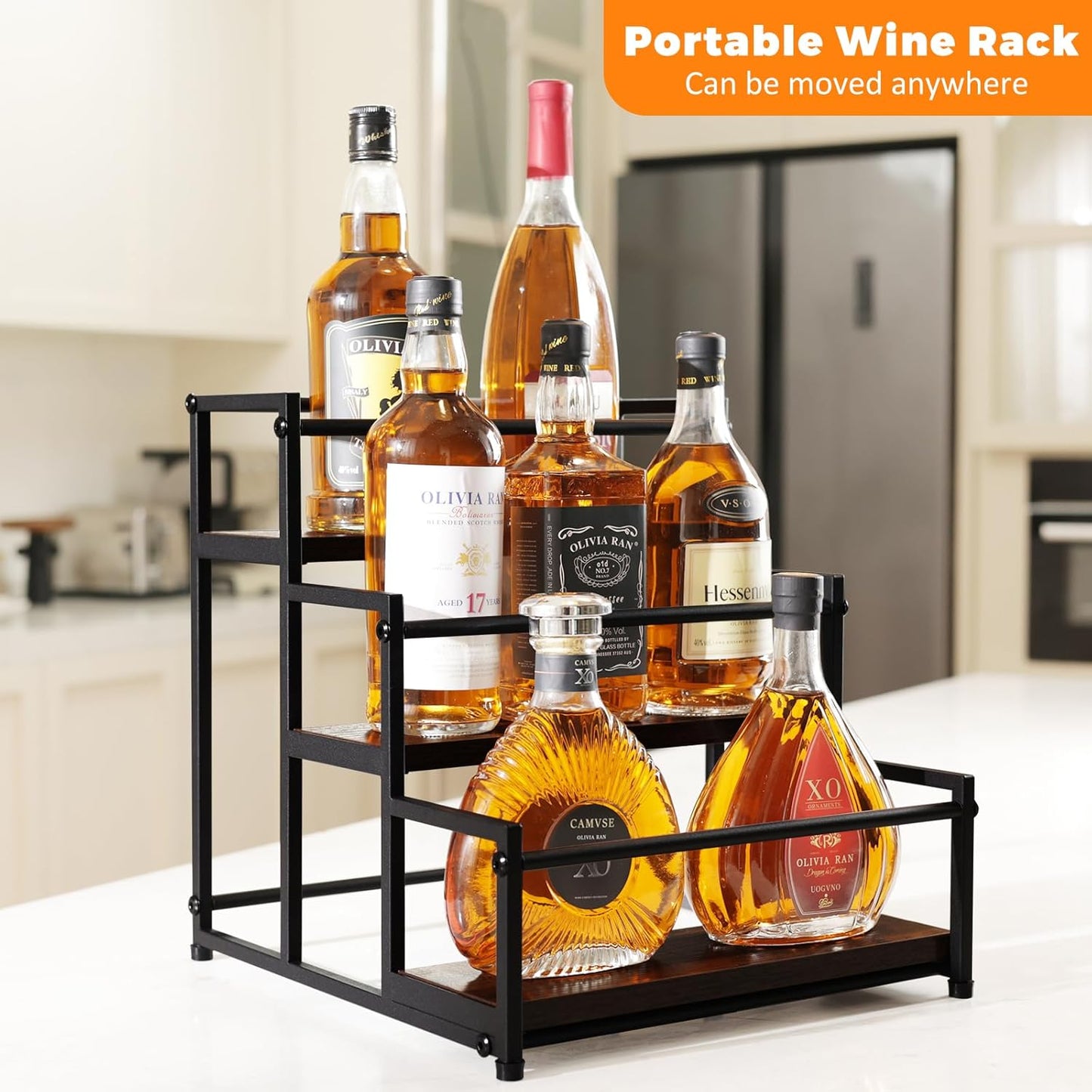 Coffee Syrup Rack - 3-Tier 12 Syrup Bottles Holder - Liquor Bottle Display Shelf - Kitchen Cabinet Organizer for Jars, Condiments - Wooden Countertop Organizer for Seasonings, Tea, or Coffee