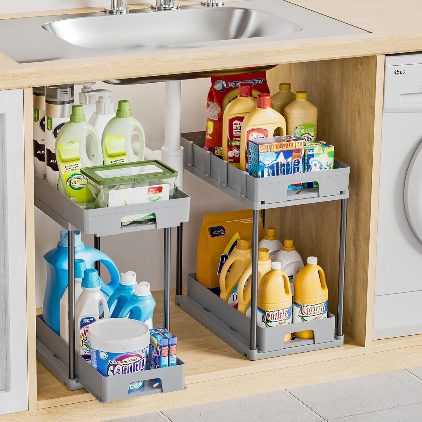 Delamu Under Sink Organizers and Storage, 2 Pack Pull Out Kitchen Bathroom Cabinet Organizer, 2 Tier Grey Under Sink Storage for Bathroom Kitchen