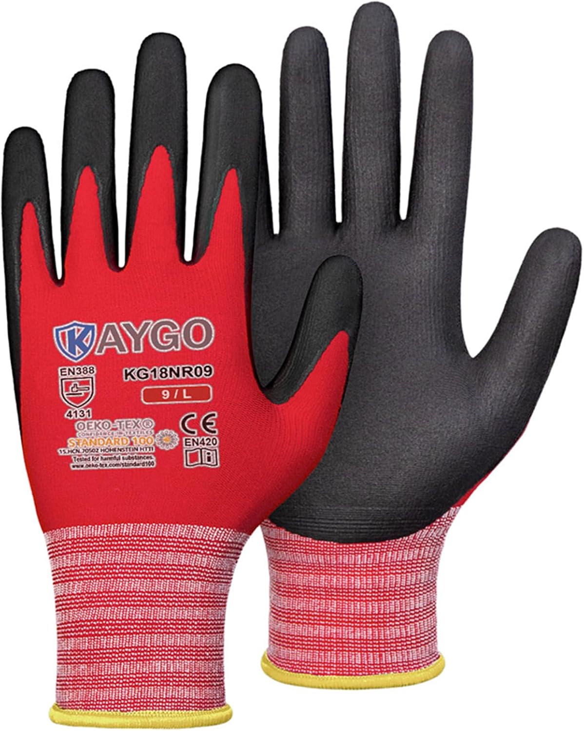KAYGO Safety Work Gloves MicroFoam Nitrile Coated-3 Pairs, KG18NB,Seamless Knit Nylon Glove with Black Micro-Foam Nitrile Grip,Ideal for General Purpose,Automotive,Home Improvement,Red large