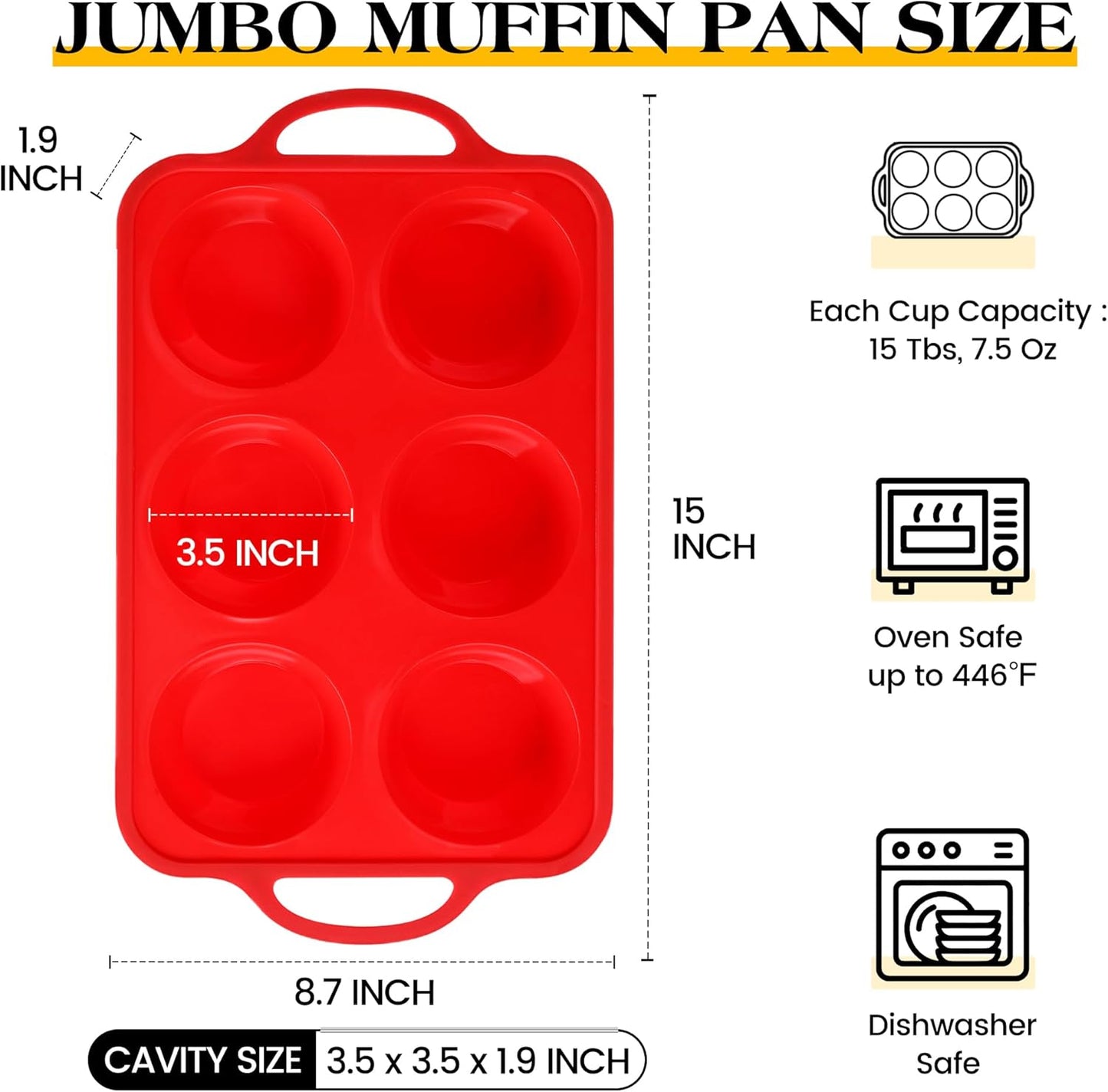 2 Pcs Jumbo Muffin Pan with Metal Frame, Nonstick 6 Cup Extra Large Cupcake Pan for Baking, Silicone Deep Muffin Tray for Egg Bites (Red)