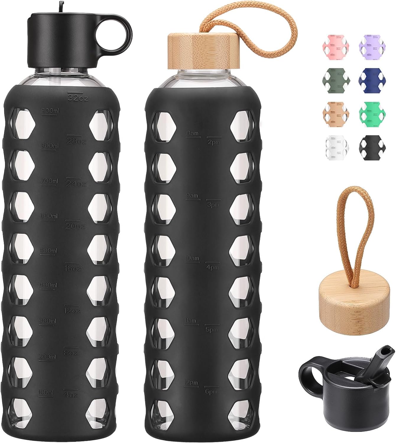 MUKOKO Glass Water Bottles, 32oz Glass Tumbler, Drinking Bottles with 2 Lids-Handle Flip Straw Lid&Bamboo Lid, Motivational Water Bottle with Time Marker and Silicone Sleeve, Leakproof-1 Pack-Black