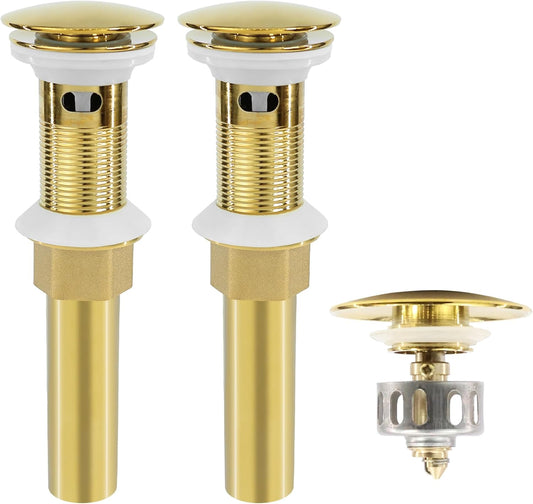 Bathroom Sink Drain, 2 Pack Gold Drain Stopper with Overflow,Pop Up Drain Assembly with Detachable Strainer Basket,Built-in Anti-Clogging Strainer,Stainless Steel