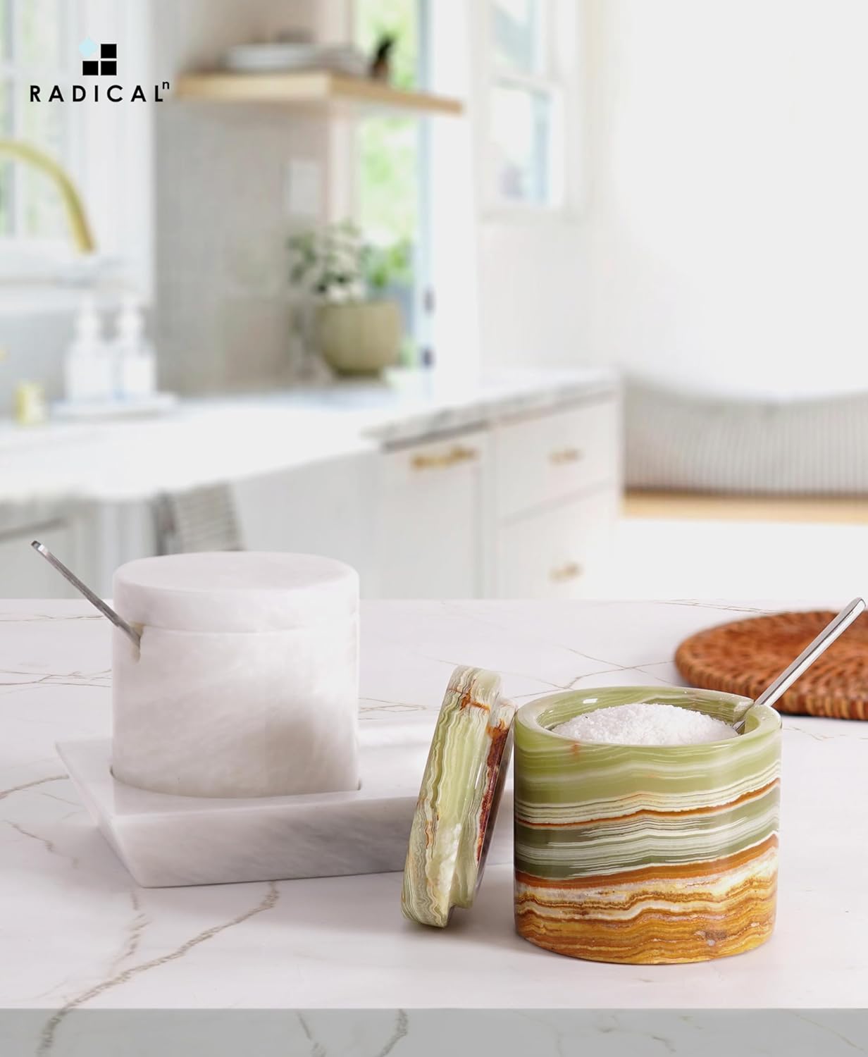 Radicaln Marble Salt Cellar With Lid and Tray 3" Inch White and Green Set of 2 Salt Container for Living Room, Ideal Salt Bowl For Kitchen countertop