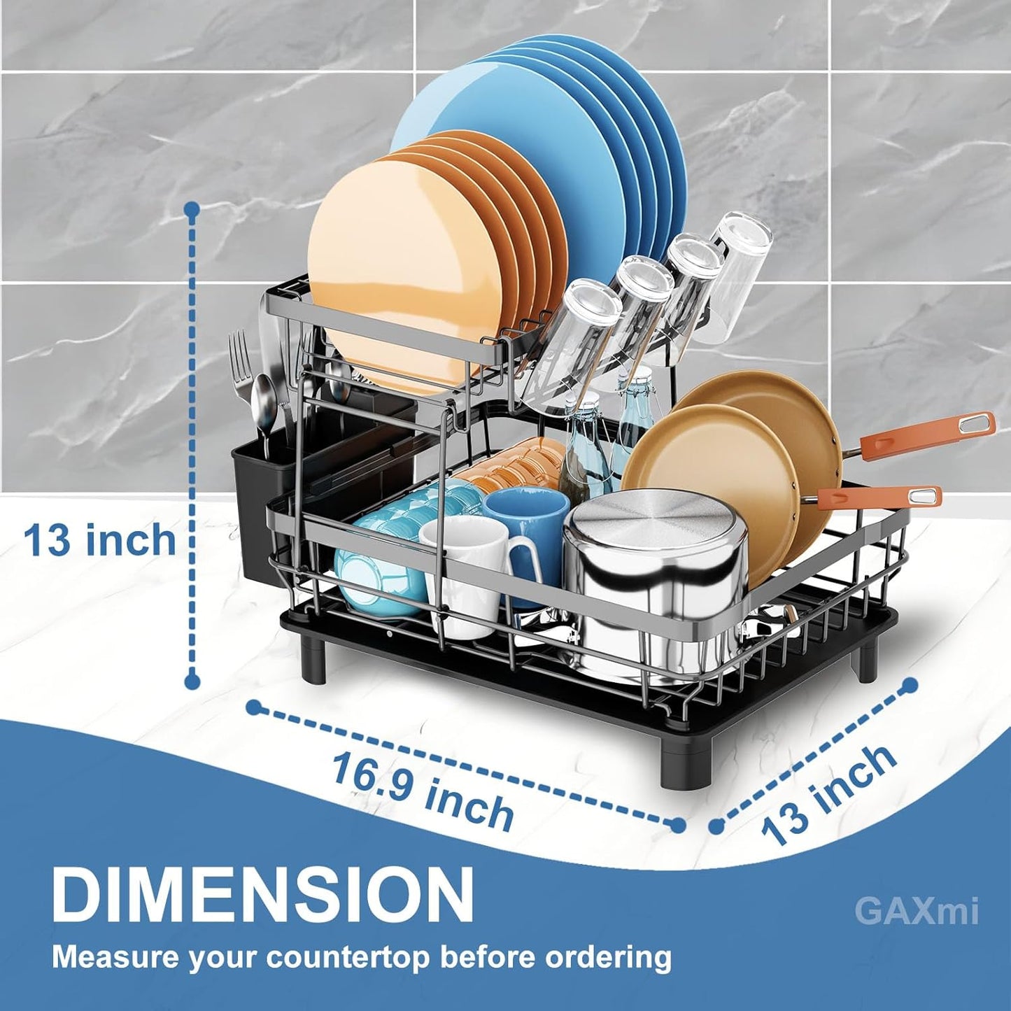 GAXmi Dish Drying Rack Over The Sink Dish Drainer with Drainboard Utensil Holder Cup Holder, 2-Tier Grey