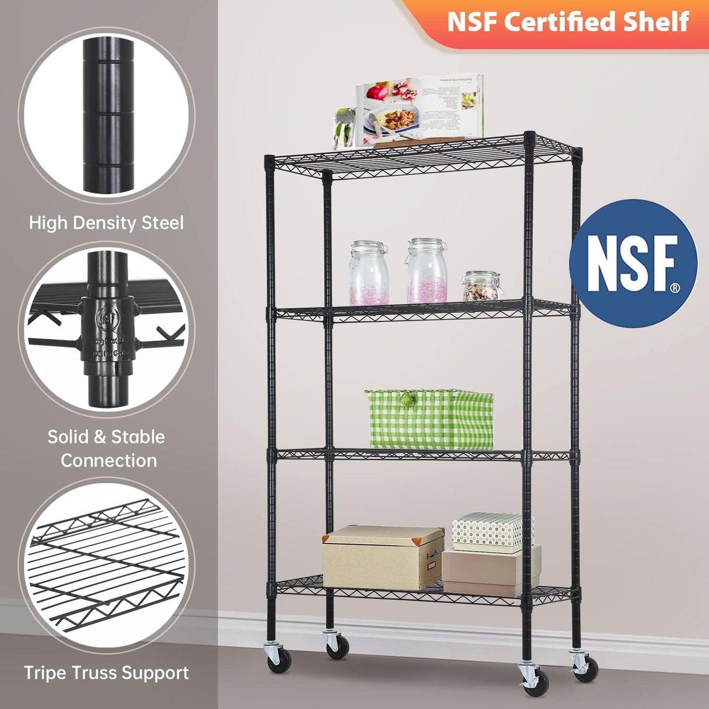 FDW Wire Shelving Storage Shelves 4-Shelf Adjustable NSF Wire Shelf Heavy Duty Storage Shelving Unit on 3” Wheel Casters Commercial Metal Rack 36L x 14W x 62H,Black