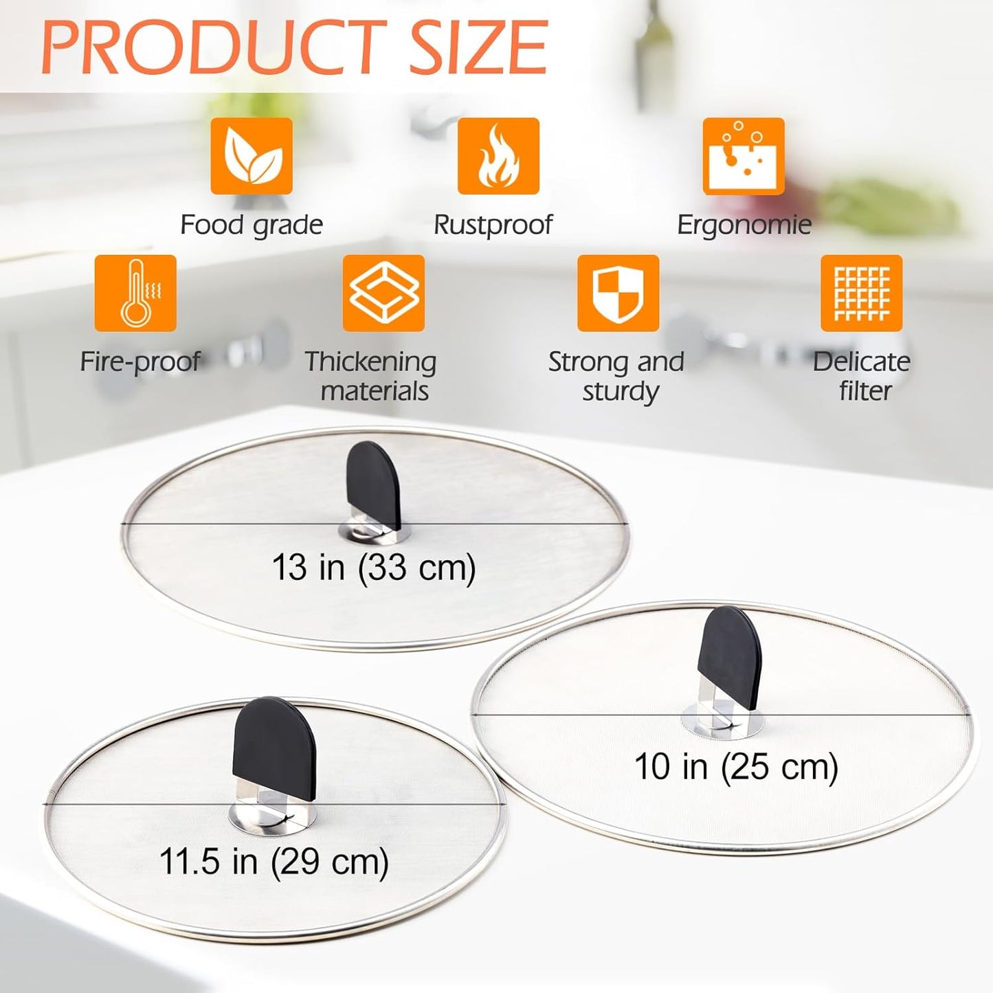 Snowyee Grease Splatter Guard, 3PCS Splatter Screen with Silicone Heat Resistant Handle and Stainless Steel Fine Mesh Design for Safe Indoor and Outdoor Cooking (13/11.5/10 inch and 33/29/25cm)