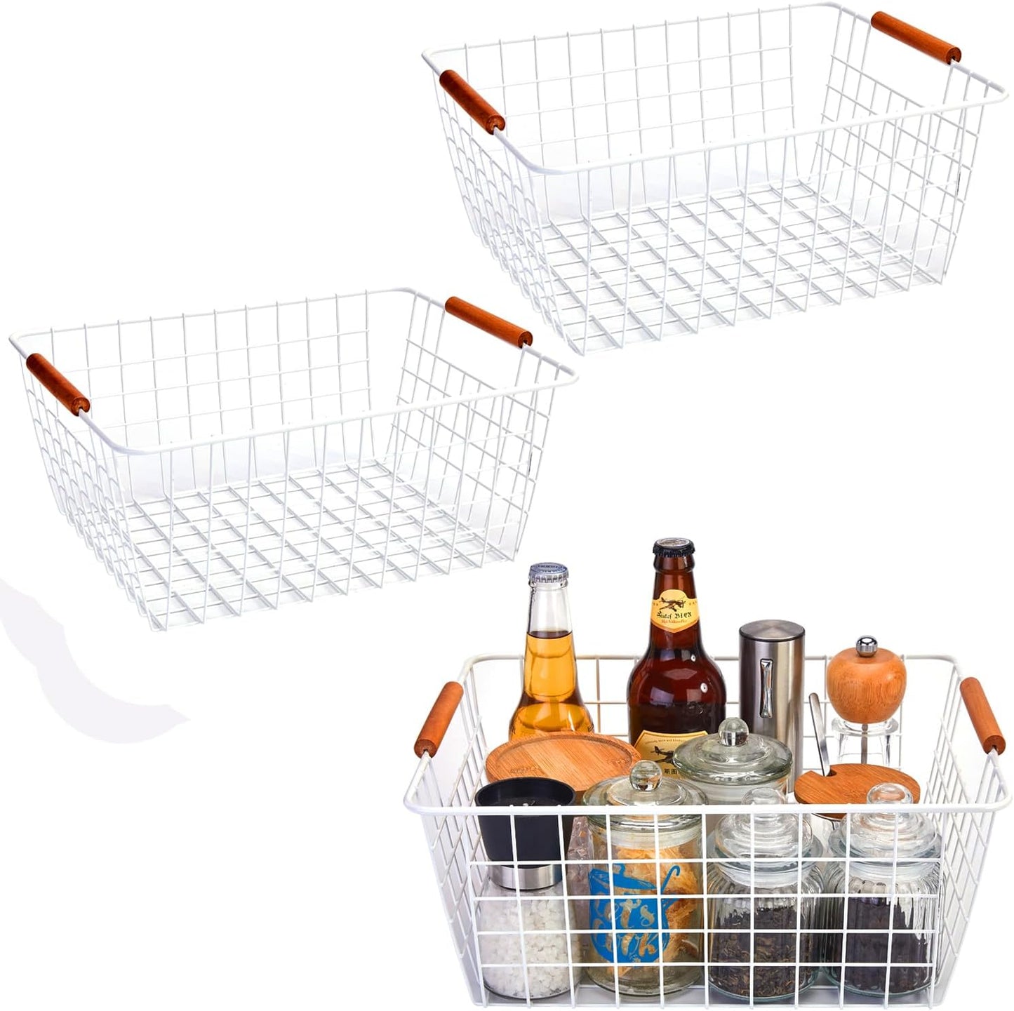 LeleCAT Large white wire baskets with Wooden Handles for storage pantry, Storage Organizer Baskets, Household Refrigerator for Cabinets, Closets, Bedrooms, kitchen - Set of 3 White