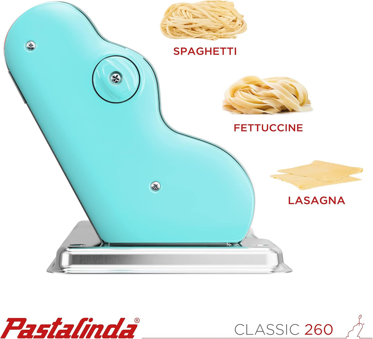 PASTALINDA Classic 260 Pasta Maker Machine, 26 cm Wide Rollers, 9 Thickness Positions, 2 Cutting Positions, Stainless Steel. Includes Reinforced Hand Crank And Two Clamps (Acqua)