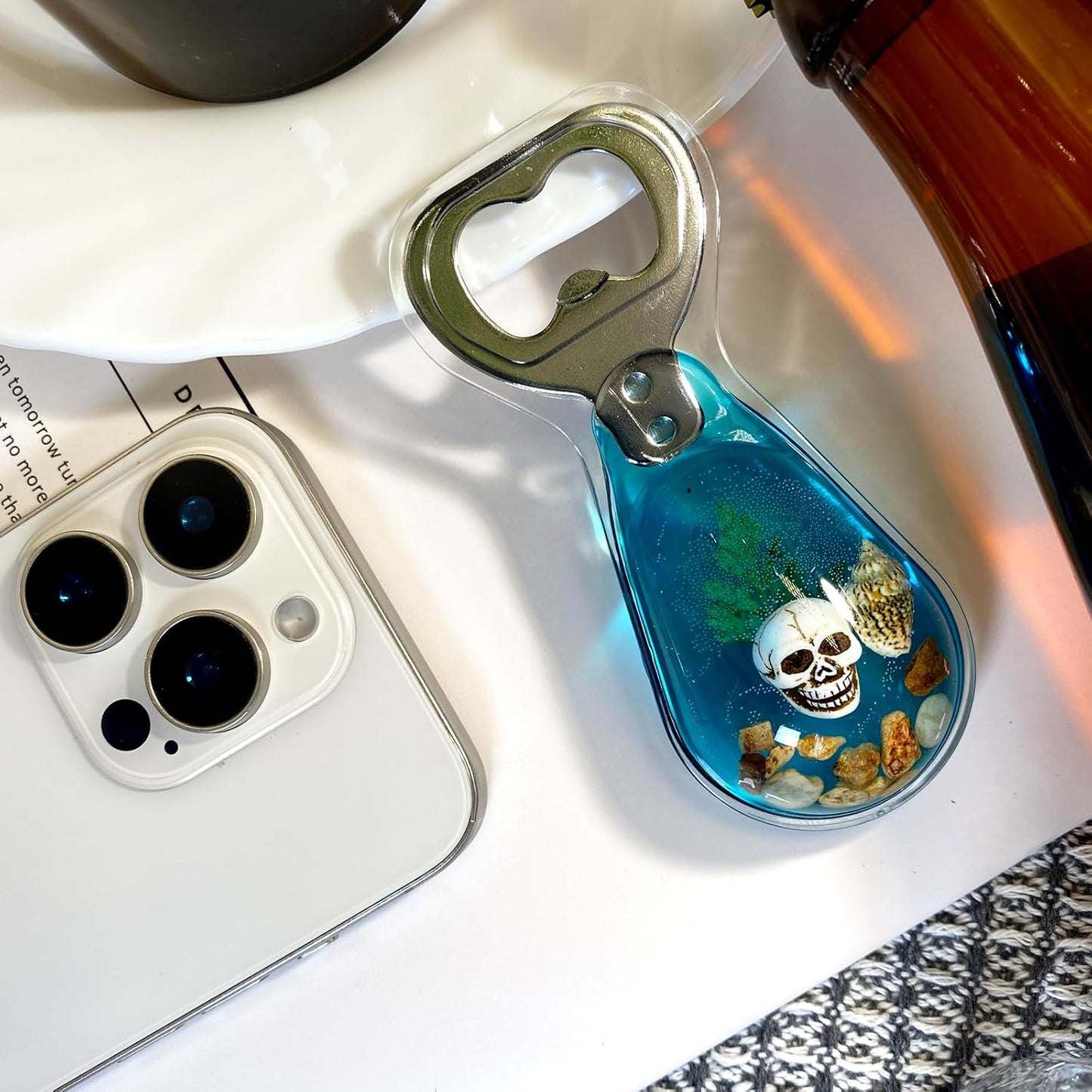 Halloween Ghost Skull Decor, Magnetic Bottle Opener, Original Design Skull Sinking in Ocean Blue Resin – Strong Magnet for Fridge – Gothic Halloween Gifts - Clear Blue