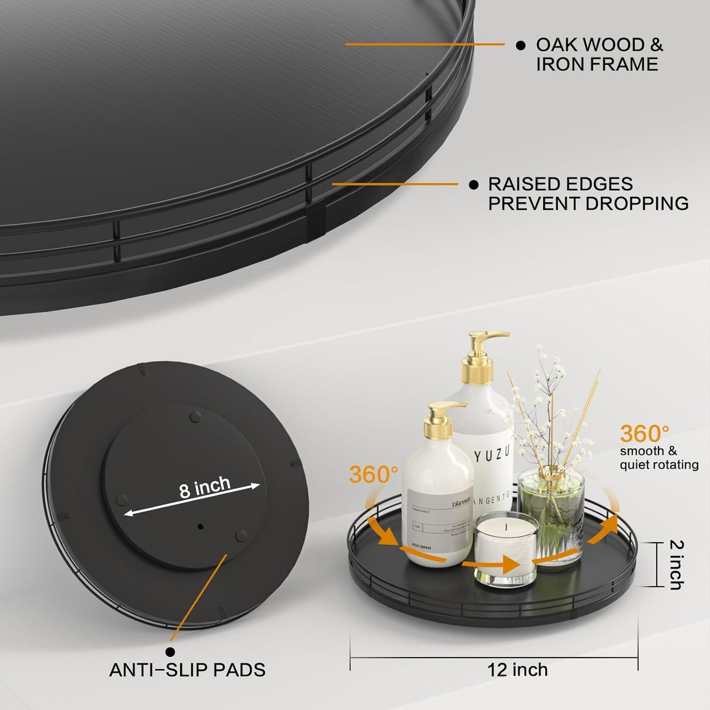 12" Oak Wood Bathroom Tray for Counter, Vanity Tray for Perfume Lotion Candle Makeup Jewelry Sink Soap Holder Turntable Dresser Organizer Countertop Coffee Table Decor Organization and Storage Black