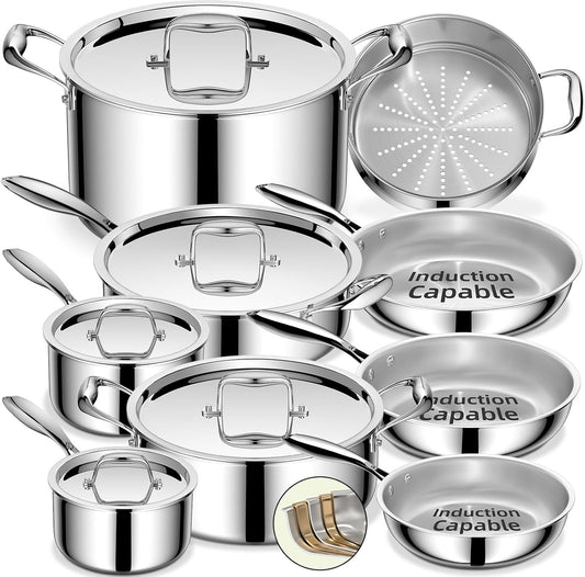 Umite Chef Stainless Steel Cookware Set, 5 Ply 14 Piece Stainless Steel Pot and Pan Set-Induction, Heavy Chef Quality, Oven Safe | Professional Kitchen Cooking Appliances, PFOA, PTFE & PFOS Free