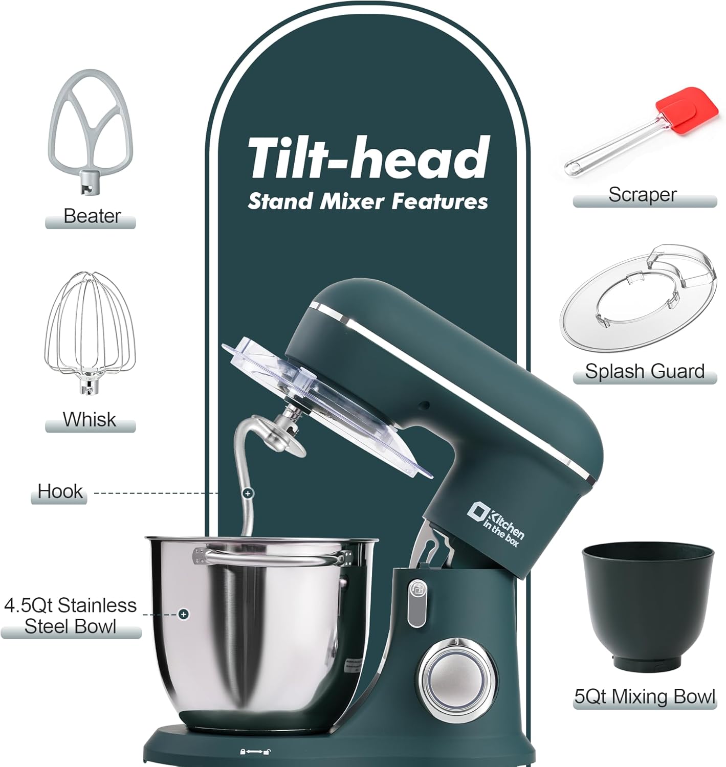 Kitchen in the box Stand Mixer, 4.5QT+5QT Two bowls Electric Food Mixer, 10 Speeds 3-IN-1 Kitchen Mixer for Daily Use with Egg Whisk,Dough Hook,Flat Beater (Turquoise Green, 5QT)
