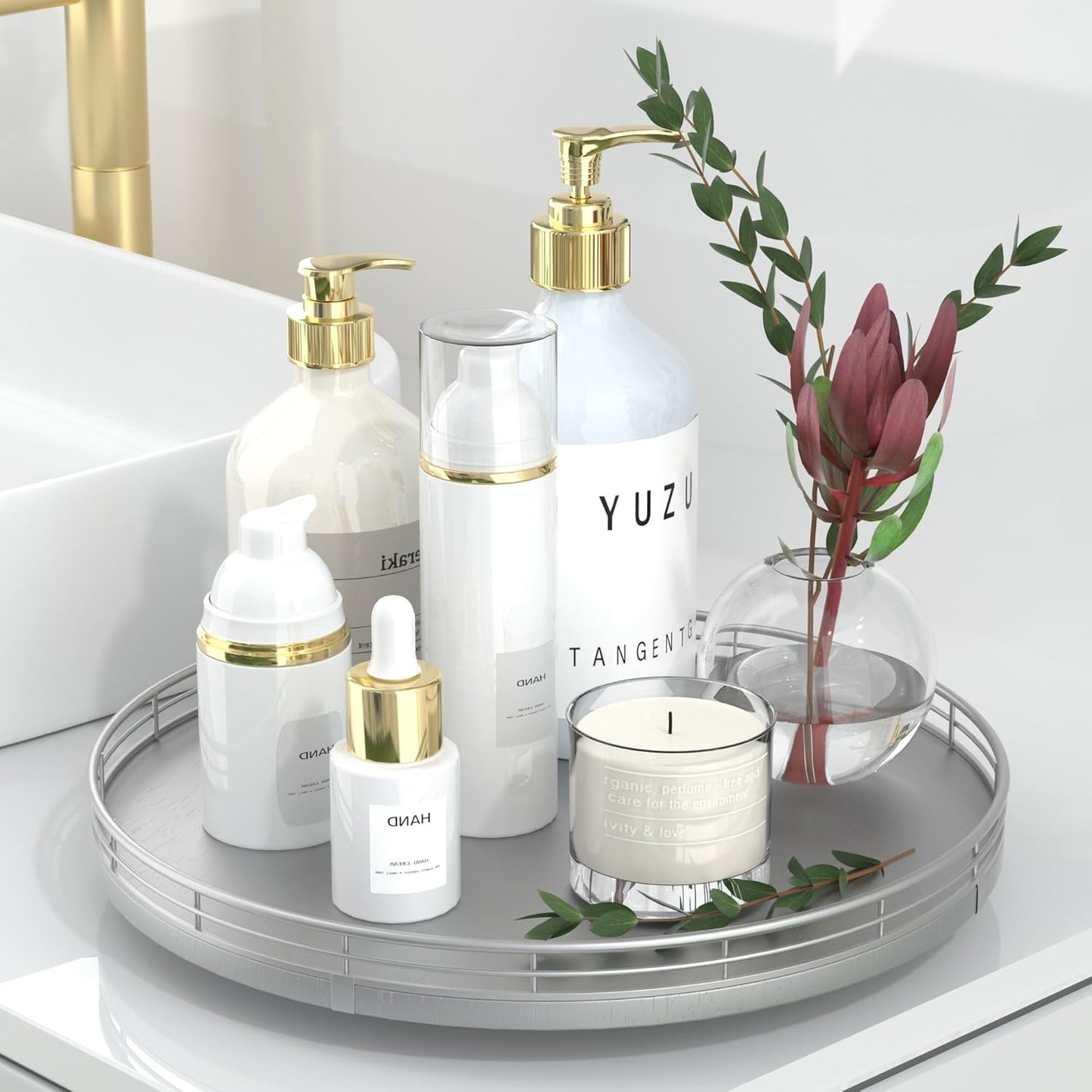 12" Silver Lazy Susan for Table Top, Oak Wood Lazy Susan Turntable Organizer for Dining Coffee Table Centerpiece Bar Decor Kitchen Countertop Bathroom Vanity Decorative Tray for Perfume Jewelry Round