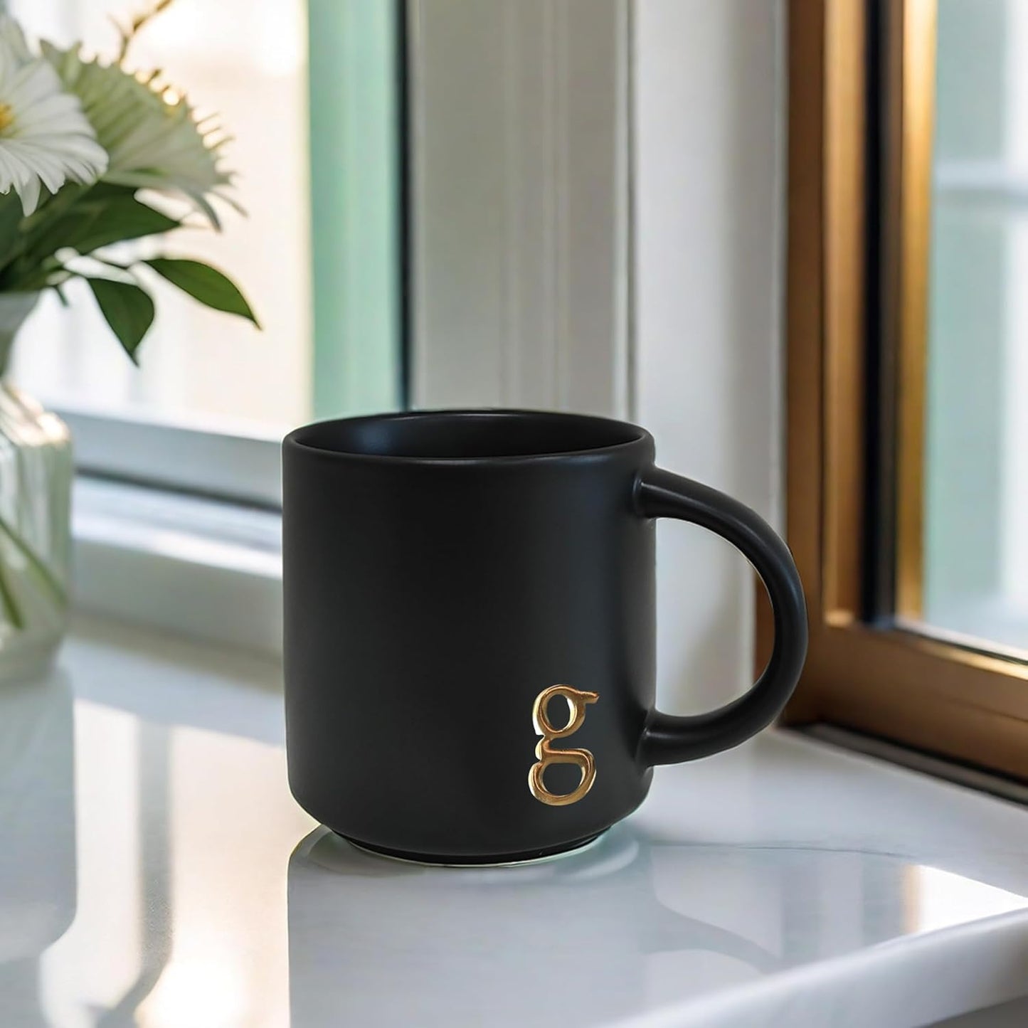 COLLECTIVE HOME - Black Monogram Ceramic Mugs, 15 oz Golden Initial Coffee Cups, Elegant Alphabet Tea Mugs, Personalized Halloween Mug with Gift Box, Perfect for Office and Home Décor (g)