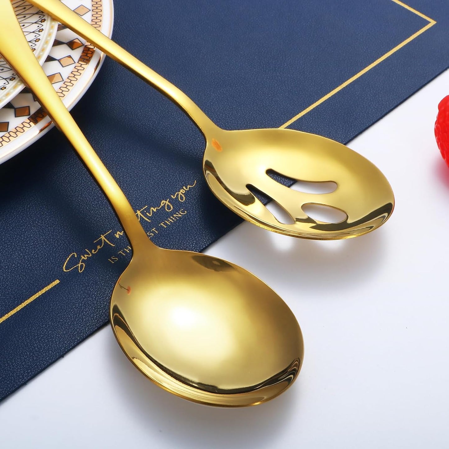 Gold Serving Utensils,8 Pcs Stainless Steel Serving Set with Serving Spoons,Serving Fork,Soup Ladle,Lasagna Server,Pie Server,Polished Serving Utensil Set for Buffet Parties Home,Dishwasher Safe