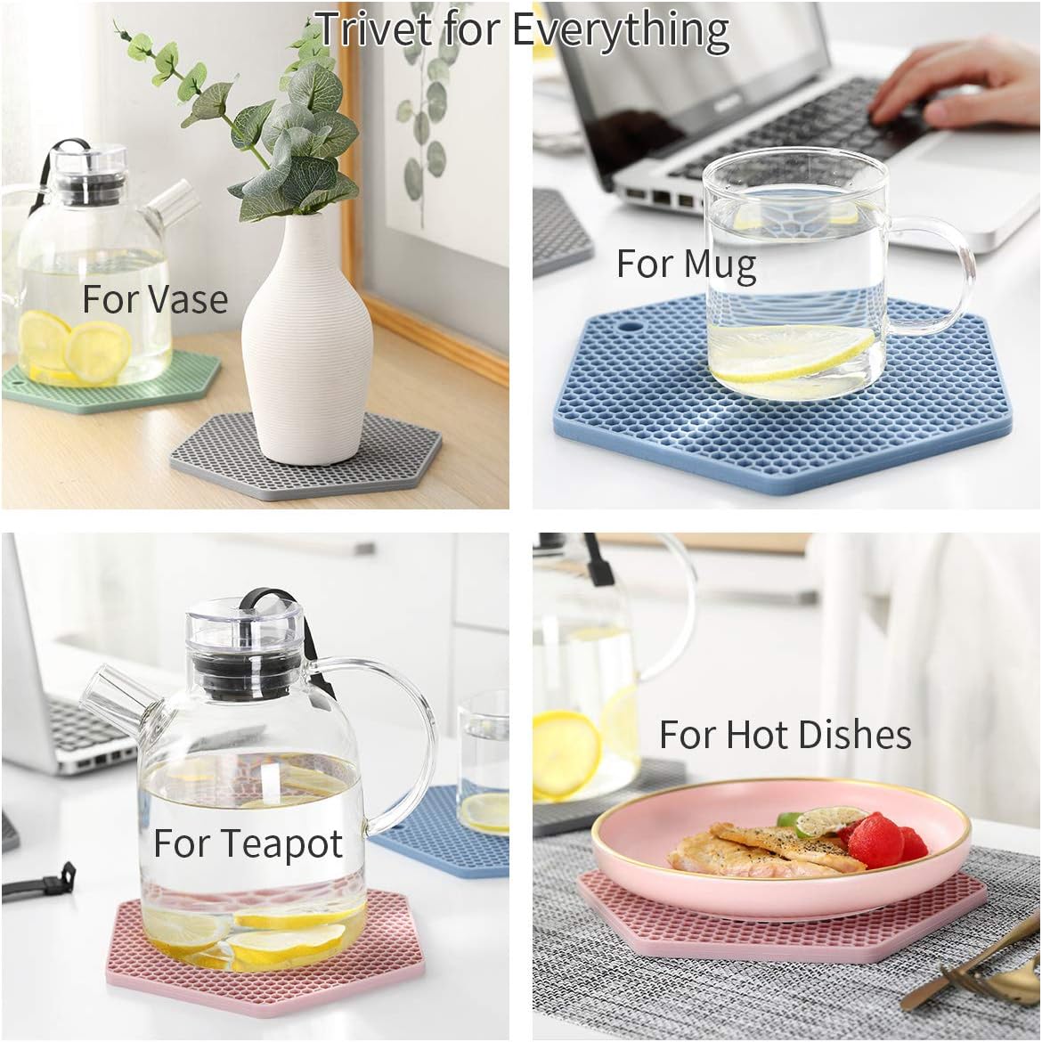 4 Packed Silicone Trivet Mats - DIY Different Size Dish Drying Mat, Hot Pot Holder for Pots & Pans, Non-Slip & Heat Resistant Kitchen Hot Pads for Countertops & Table,Grey