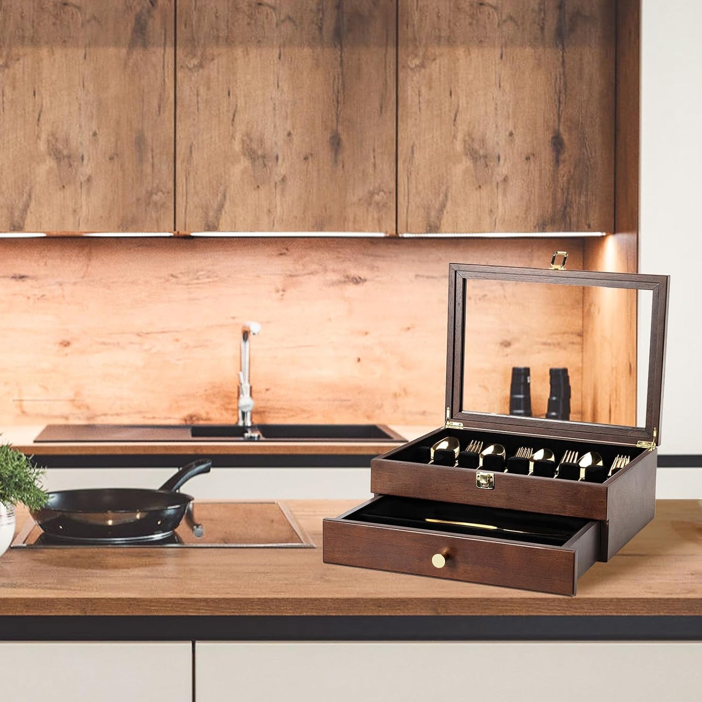 Silverware Box, 2-Layer Wooden Silverware Storage Box with Glass Lid, 14.5×10.6 Inches Luxury Style Decor Flatware Storage Case for Fine Flatware & Utensils, Gift Idea (Walnut)