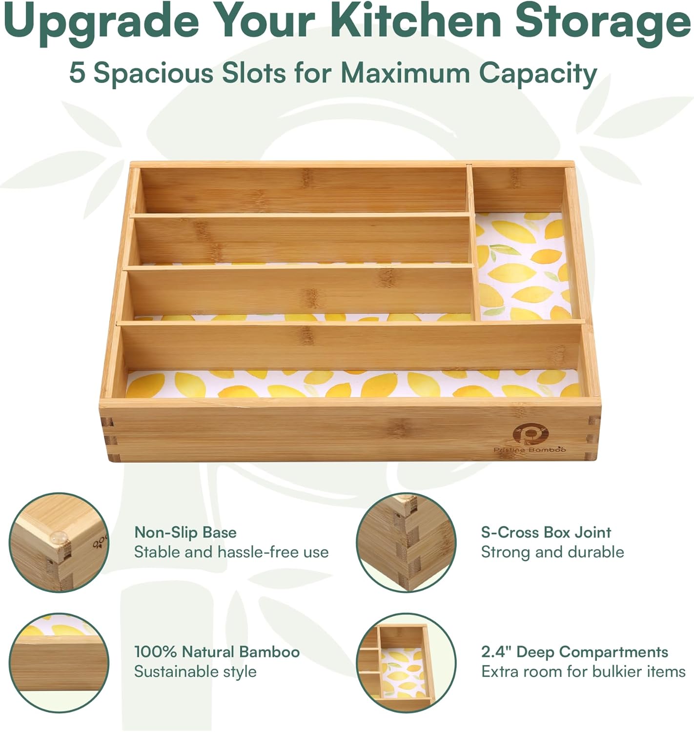 Drawer Organizer - Silverware Organizer with 5 Slots, Lemon Print