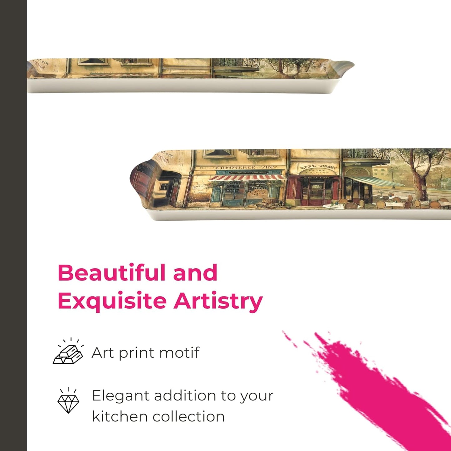 Pimpernel Parisian Scenes Rectangular Hostess Tray - 15.1" x 6.5" Melamine Snack Platter with French Street Illustration - Dishwasher-Safe Decorative Kitchen Accent for Serving