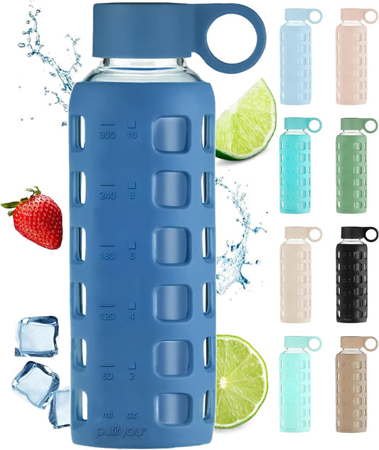 purifyou 40oz / 32oz / 22oz / 12oz Borosilicate Glass Water Bottle with Time & Volume Markers, Silicone Sleeve, Stainless Steel Lid – Reusable Glass Bottle for Water & Juice (12oz Chinese Porcelain)