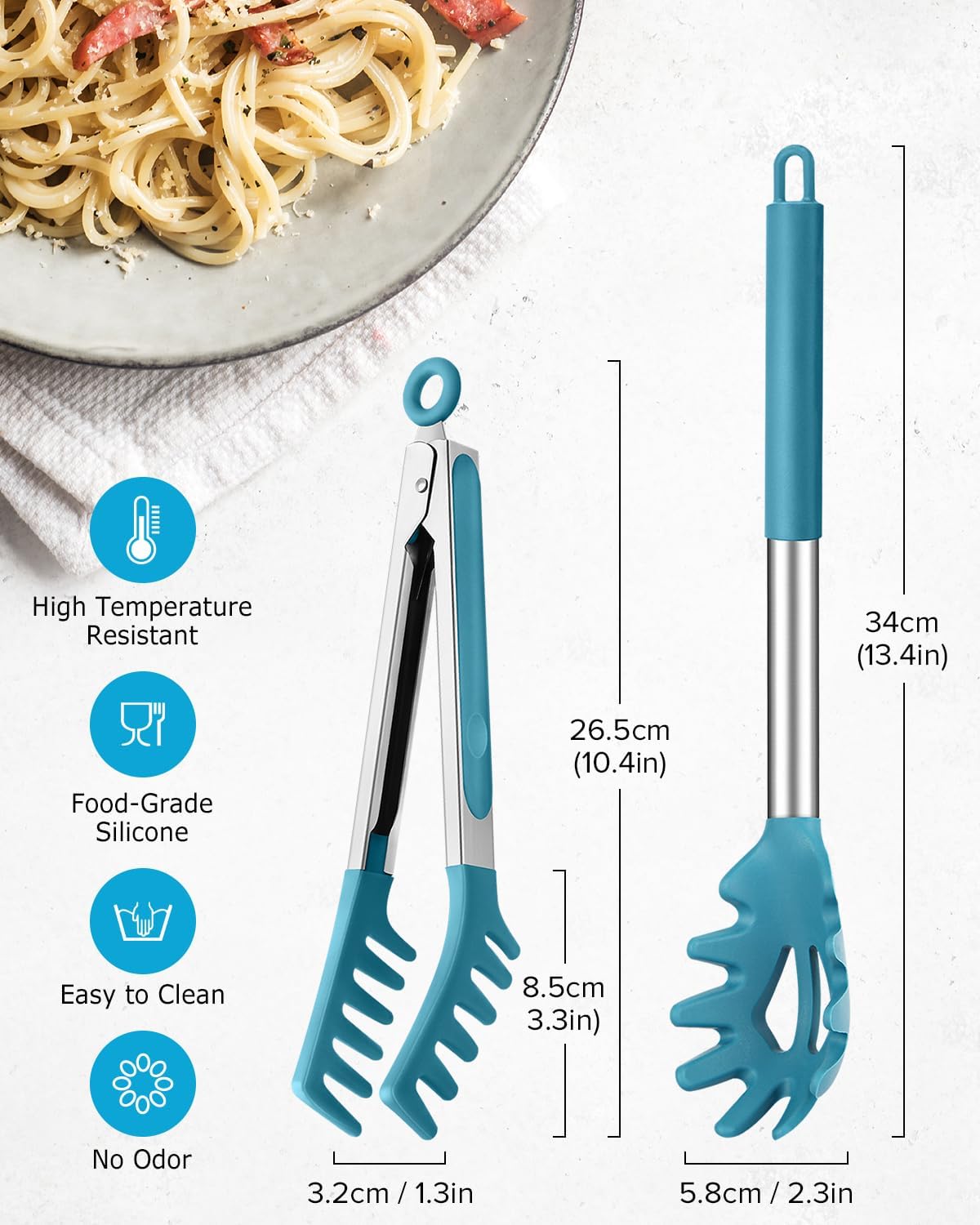 Spaghetti Spoon and Pasta Tong, Non-stick Silicone Spoon Server Fork With Teeth and Stainless Steel Handle, Food Clip for Noodles (Blue)