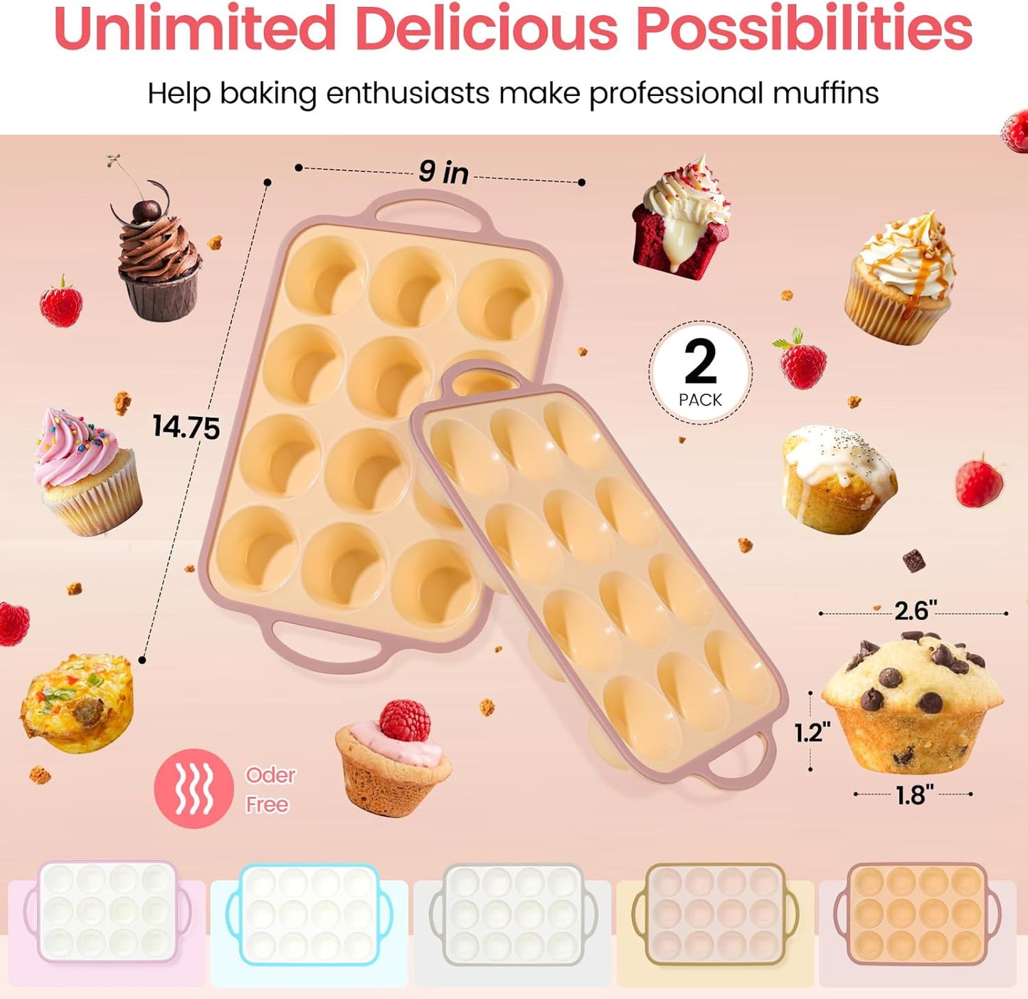 Silicone Muffin Pans for Baking 2 Pack, 2.6 Inch with Metal Reinforced Frame, Regular Size Nonstick Silicone Cupcake Pan for Baking Homemade Muffins, Cupcakes, Dishwasher Safe BPA Free-Yellow