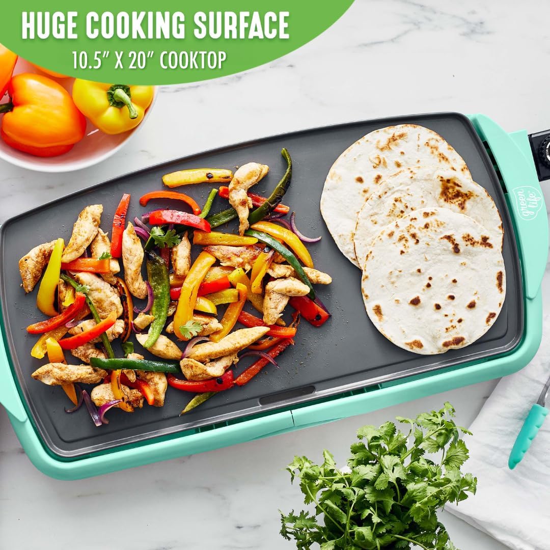 GreenLife 20” Extra Large Electric Griddle, Non-Toxic PFAS & PFOA-Free Ceramic Nonstick, Temperature Control, Quick Even Heating, Removable Drip Tray, Pancakes, Eggs, Sausage, Easy Clean, Turquoise
