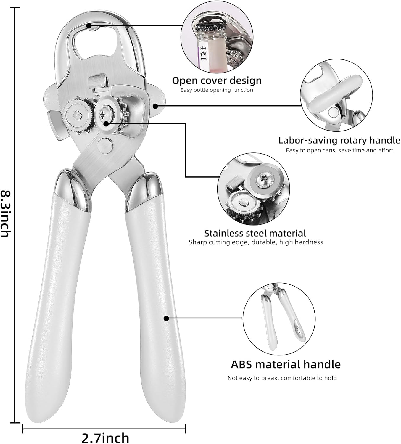 Multi-function Manual Can Opener Bottle Opener, Oversized Hand-held Easy Rotary Knob, Safe Cut Can Opener with Non-Slip Handle, Smoother Cut Sharp Blade for Seniors Kitchen Tool, White