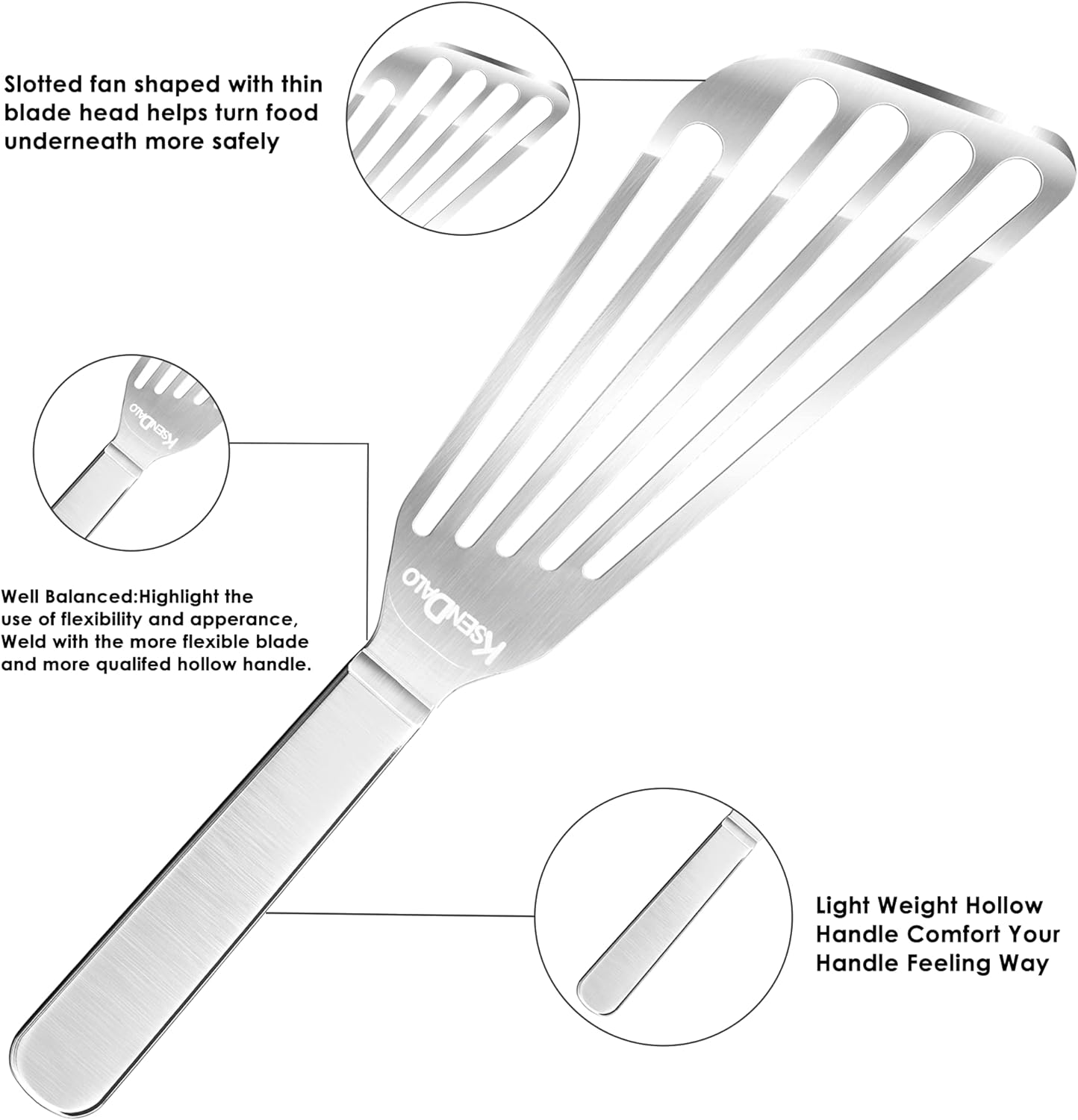 KSENDALO Thin Fish Spatula Stainless Steel -Flexible Slotted Egg Flipper with Angled Blade & Comfortable Hollow Grip, Metal Turner for Fish Egg Omelettes Pancakes, All Cookware, Dishwasher Safe