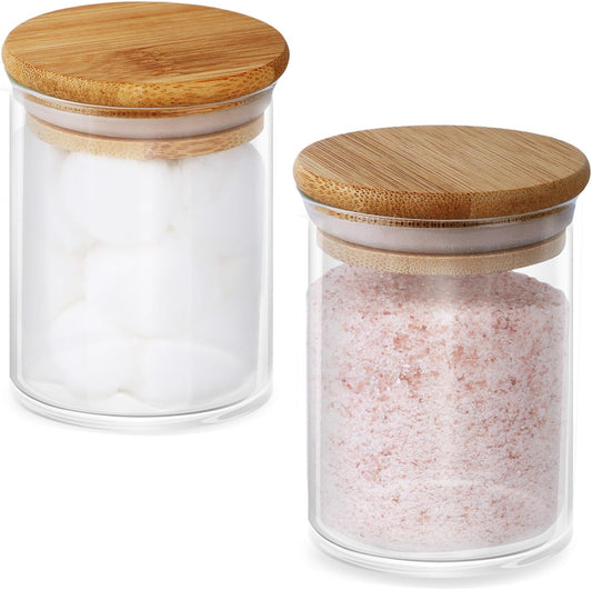 2 Pack Glass Jars with Bamboo Lids - Airtight Bathroom Storage Containers for Organization, Decor & Kitchen Pantry - 7.6oz Small Jars, Eco-Friendly Bath & Kitchen Accessories