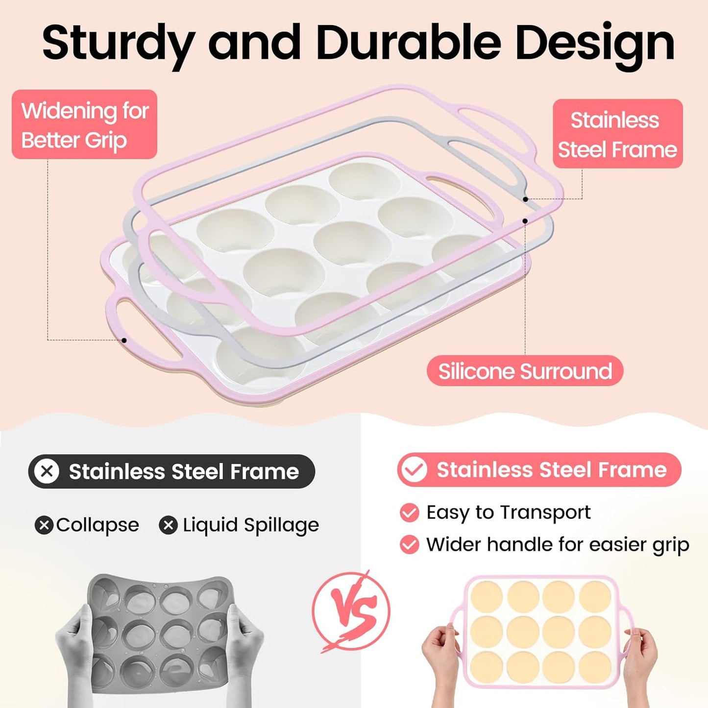 Silicone Muffin Pans for Baking 1 Pack, 2.6 Inch with Metal Reinforced Frame, Regular Size Nonstick Silicone Cupcake Pan for Baking Homemade Muffins, Cupcakes, Dishwasher Safe BPA Free-Pink