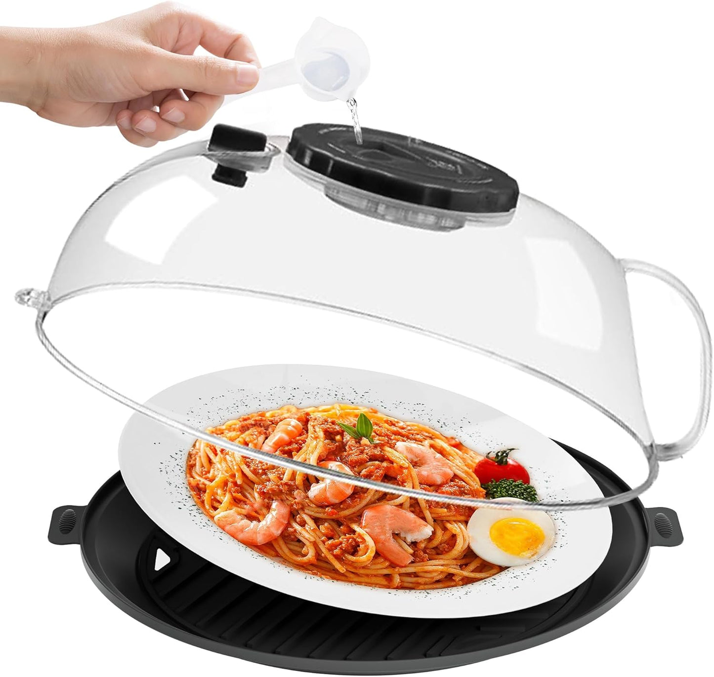 Microwave Splatter Cover for Food, Plastic Microwave Cover with Water Steamer and Integrated Handle, 10 Inch Splatter Guard Lid with Plate, Kitchen Gadgets & Accessories (Black, 10 inch)